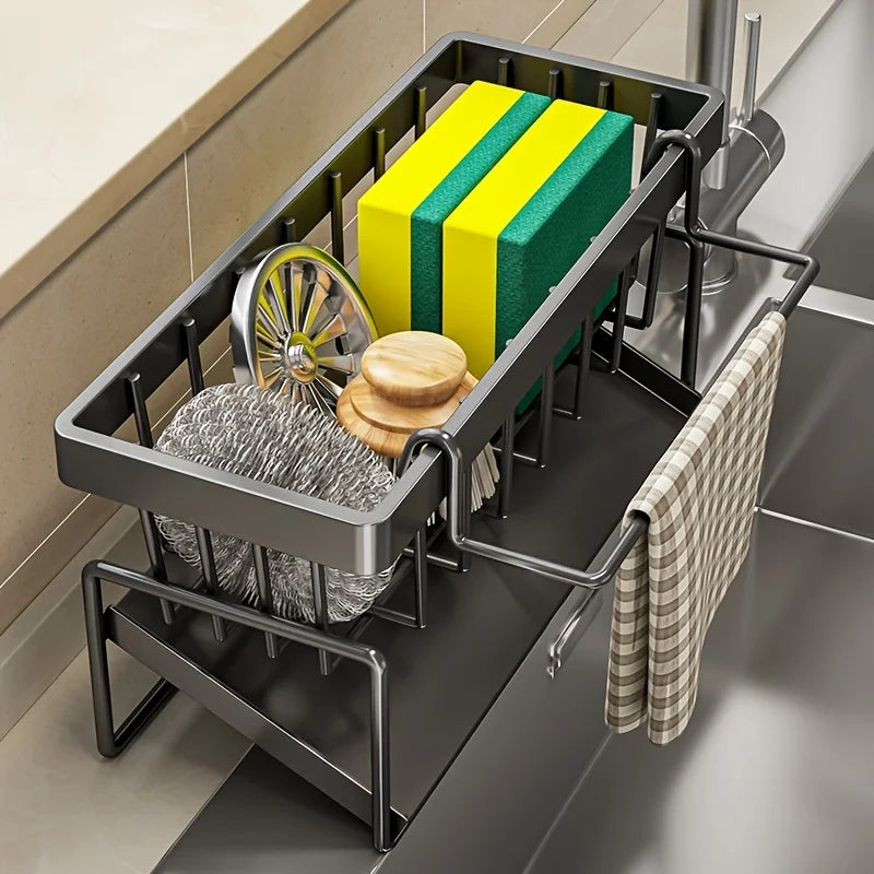 Kitchen Sink Sponge Holder with Drain Rack – Faucet Organizer & Detergent Storage Set