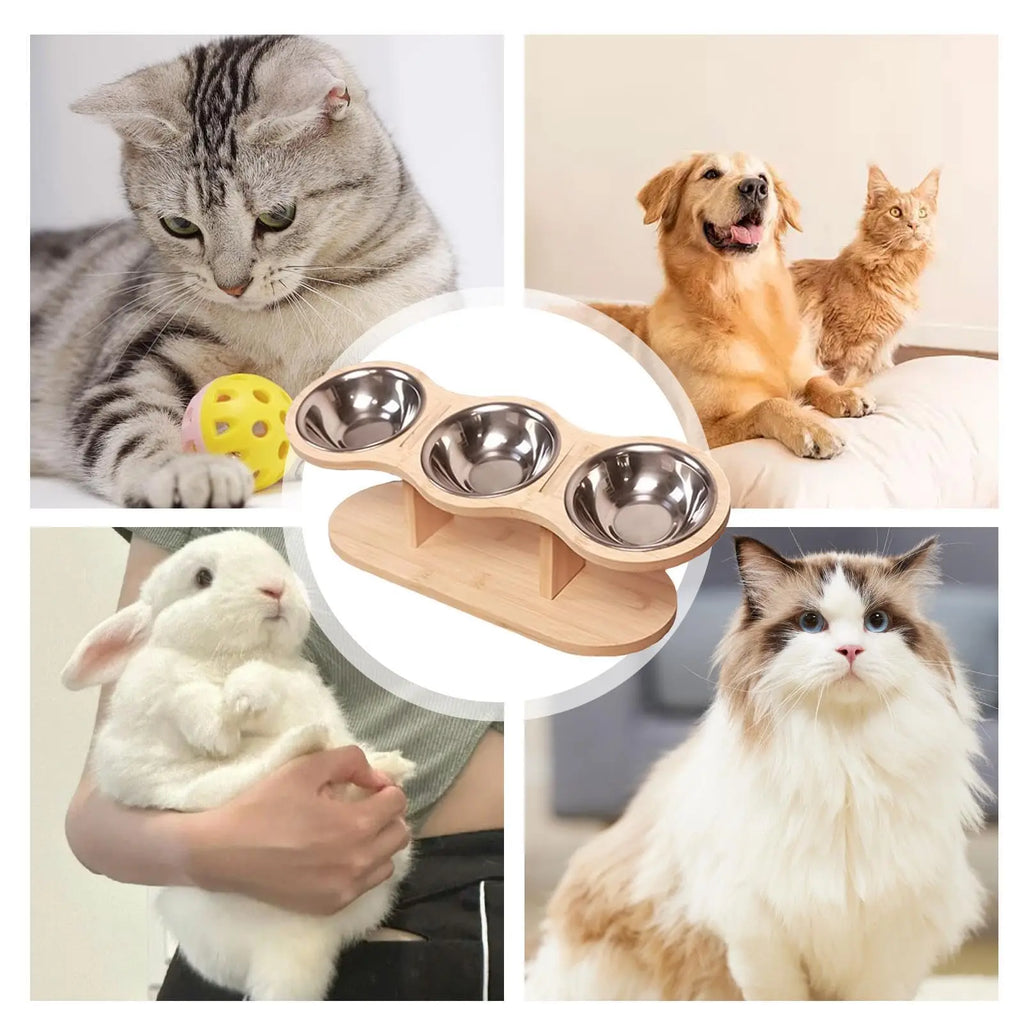 Elevated Wooden Pet Feeder with 3 Stainless Steel Bowls – Food & Water Station