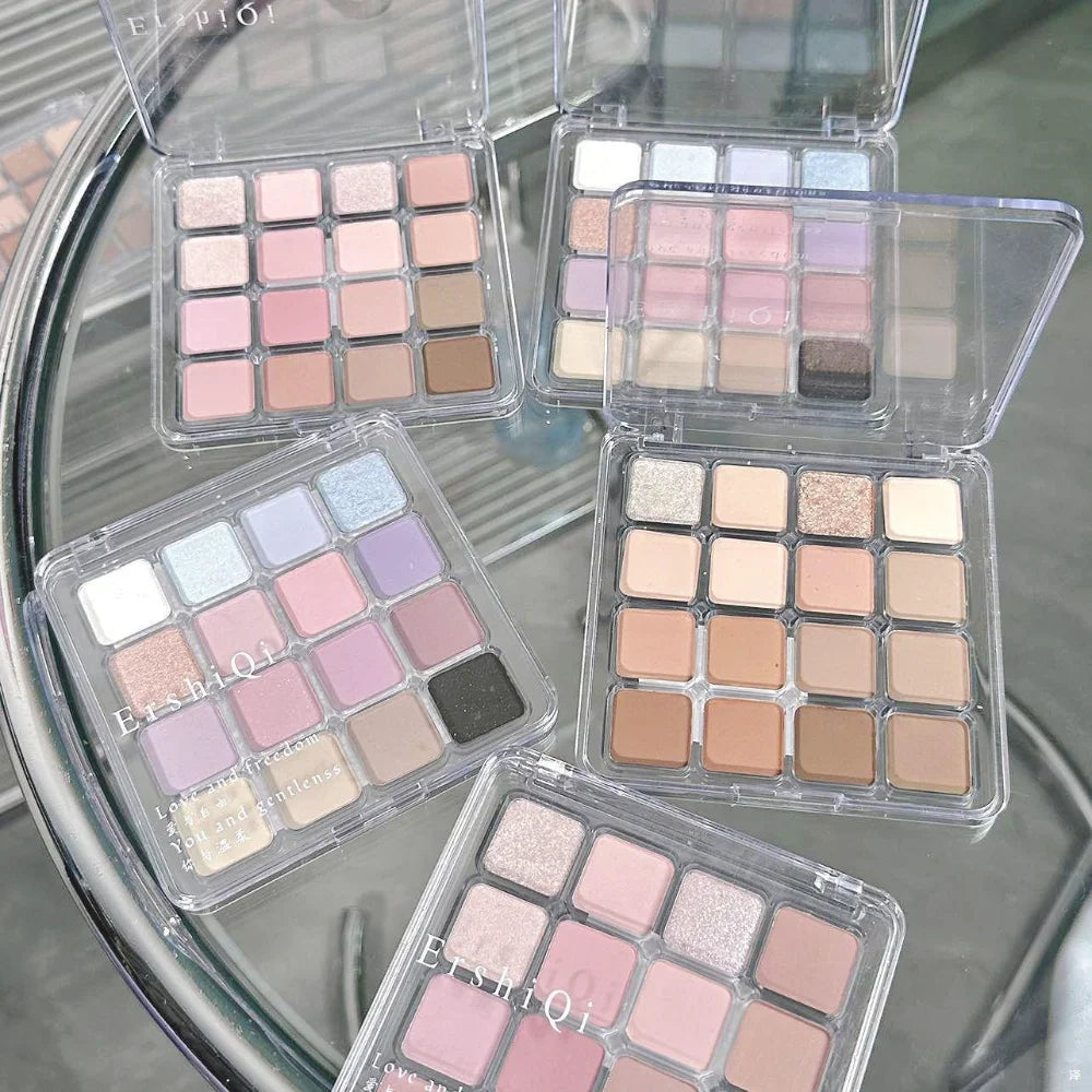 Palette fards à paupières 16 couleurs, rose et pêche, mats et nacrés pailletés, pigments, waterproof, longue tenue, tons terre coréens