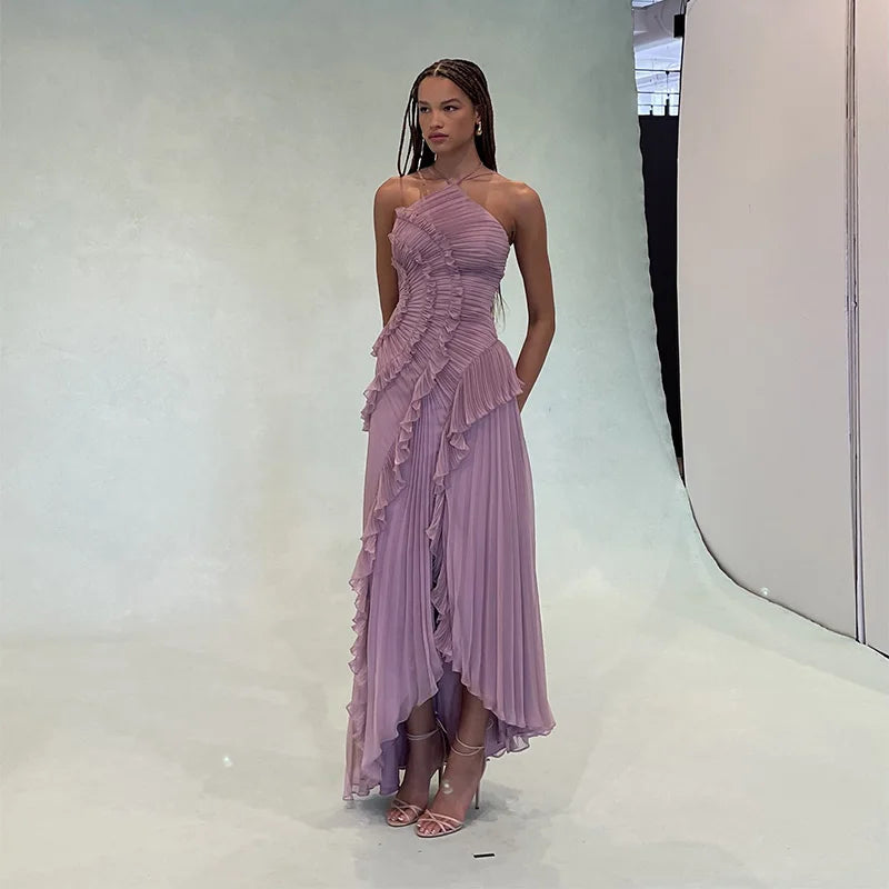 Robe Maxi Femme Chic et Élégante – Col Halter, Dos Nu, Effet Lotus, Sans Manches, Été 2025