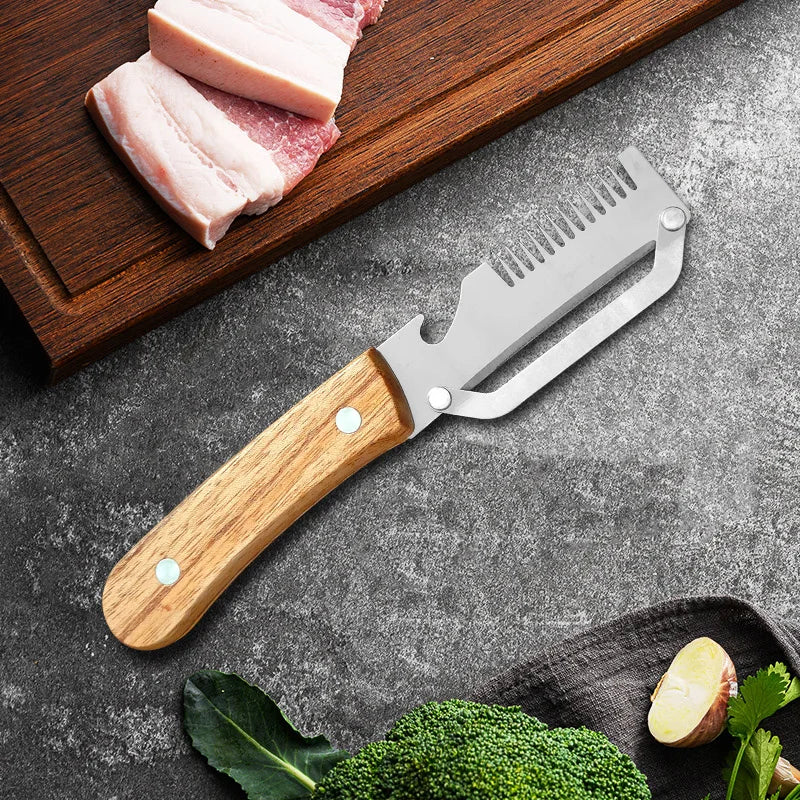 3-in-1 Stainless Steel Vegetable Peeler with Wooden Handle – Fruit & Potato Peeler with Built-In Bottle Opener