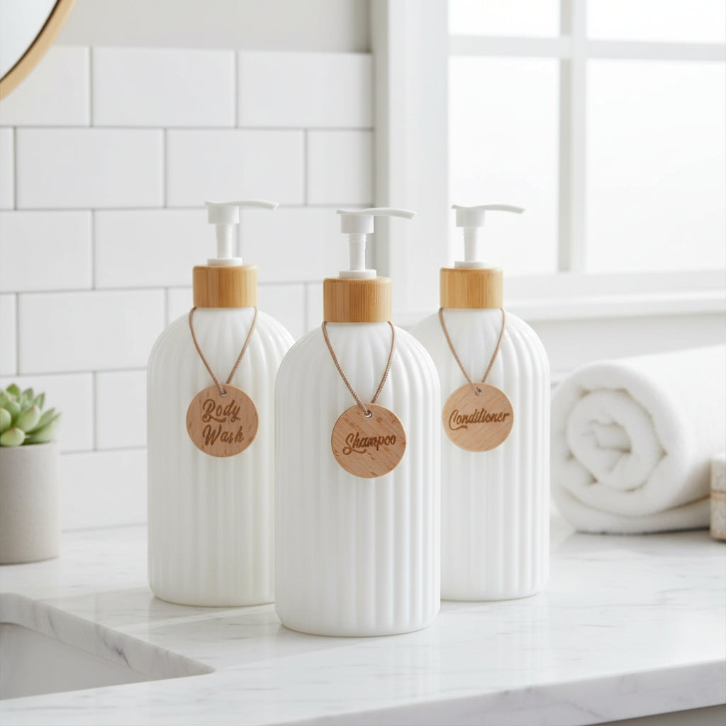 Striped Soap Dispenser with Bamboo Pump – Refillable Kitchen & Bathroom Bottle