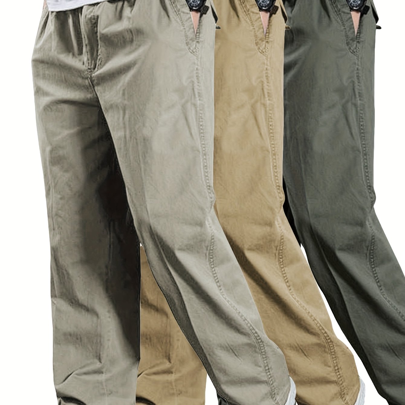 Lot de 3 Pantalons Cargo Homme – Taille Élastique à Cordon, Coupe Ample, Couleurs Unie, Poches, Printemps/Automne