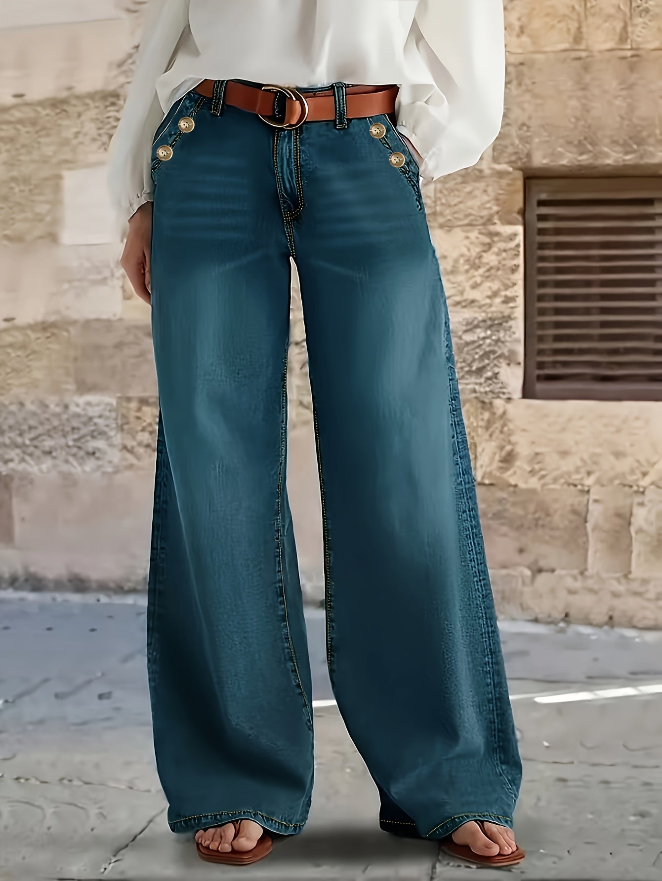 Jeans Femme Élégant Jambe Large Taille Mi-Haute Sans Ceinture Boutons Poches Durables Extensible Toute Saison Décontracté et Professionnel Bleu Lavable