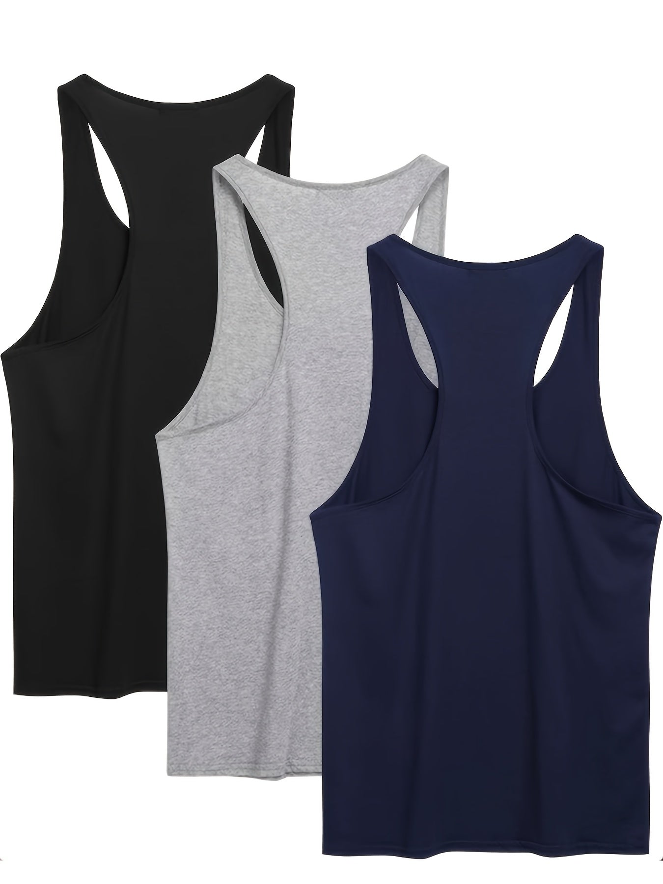 Lot de 3 Débardeurs Sport Homme Grande Taille – Polyester Respirant, Col Rond, Sans Manches, Bleu Marine, Gris Clair, Noir, Printemps/Été