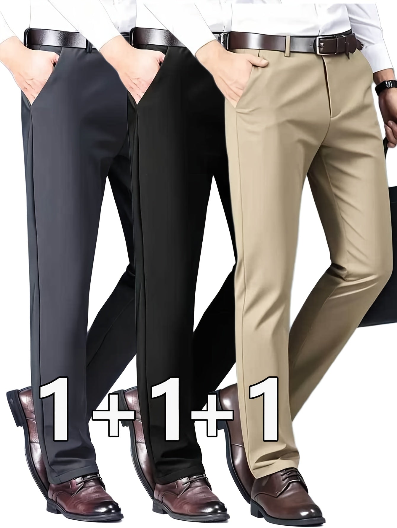 3pcs Pantalons Homme Classiques Stretch – Uni, Regular Fit, Tout Saison, Bureau & Casual