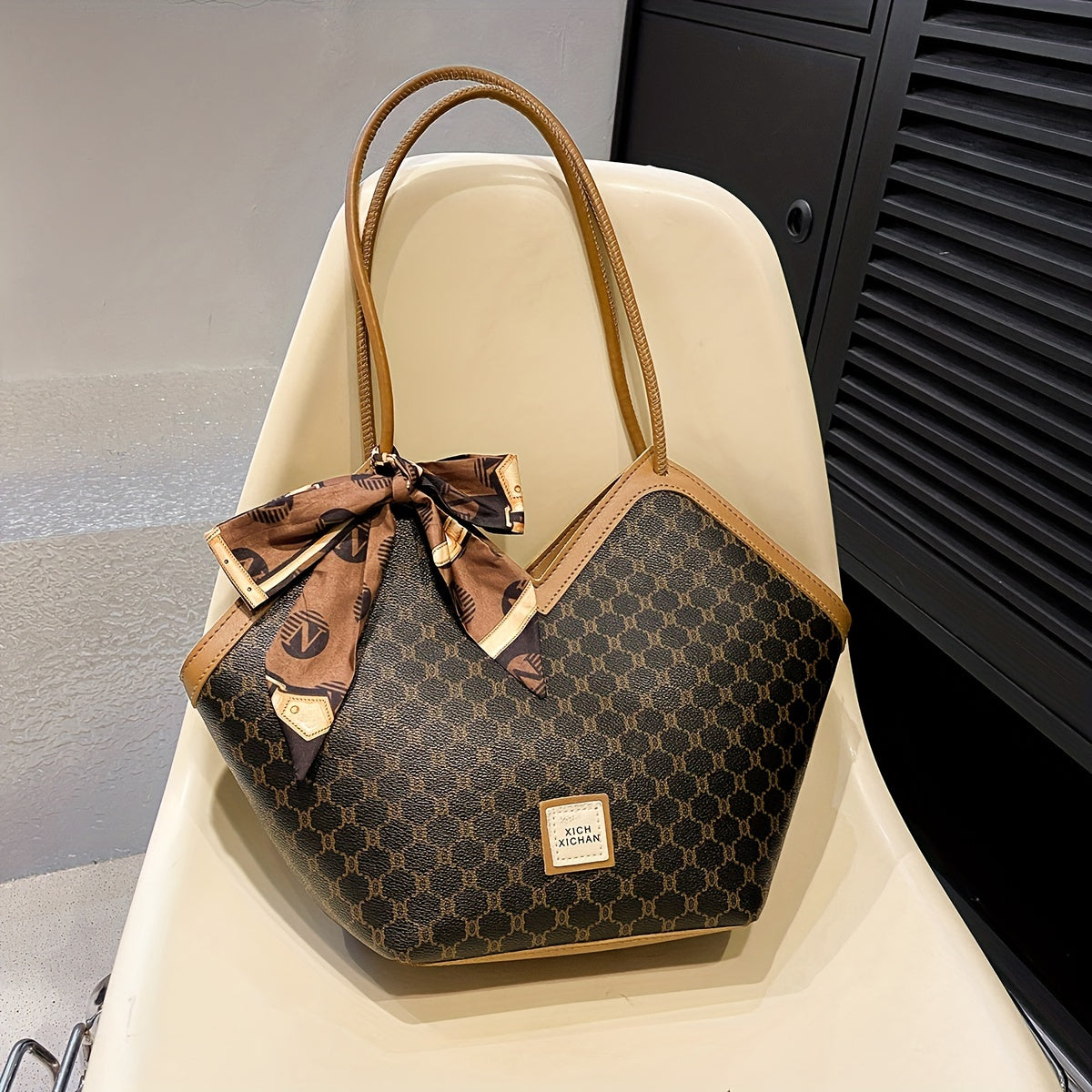 Sac Cabas Femme – Extra Large, Ruban Noeud, Noir & Marron, Zippé, Quotidien