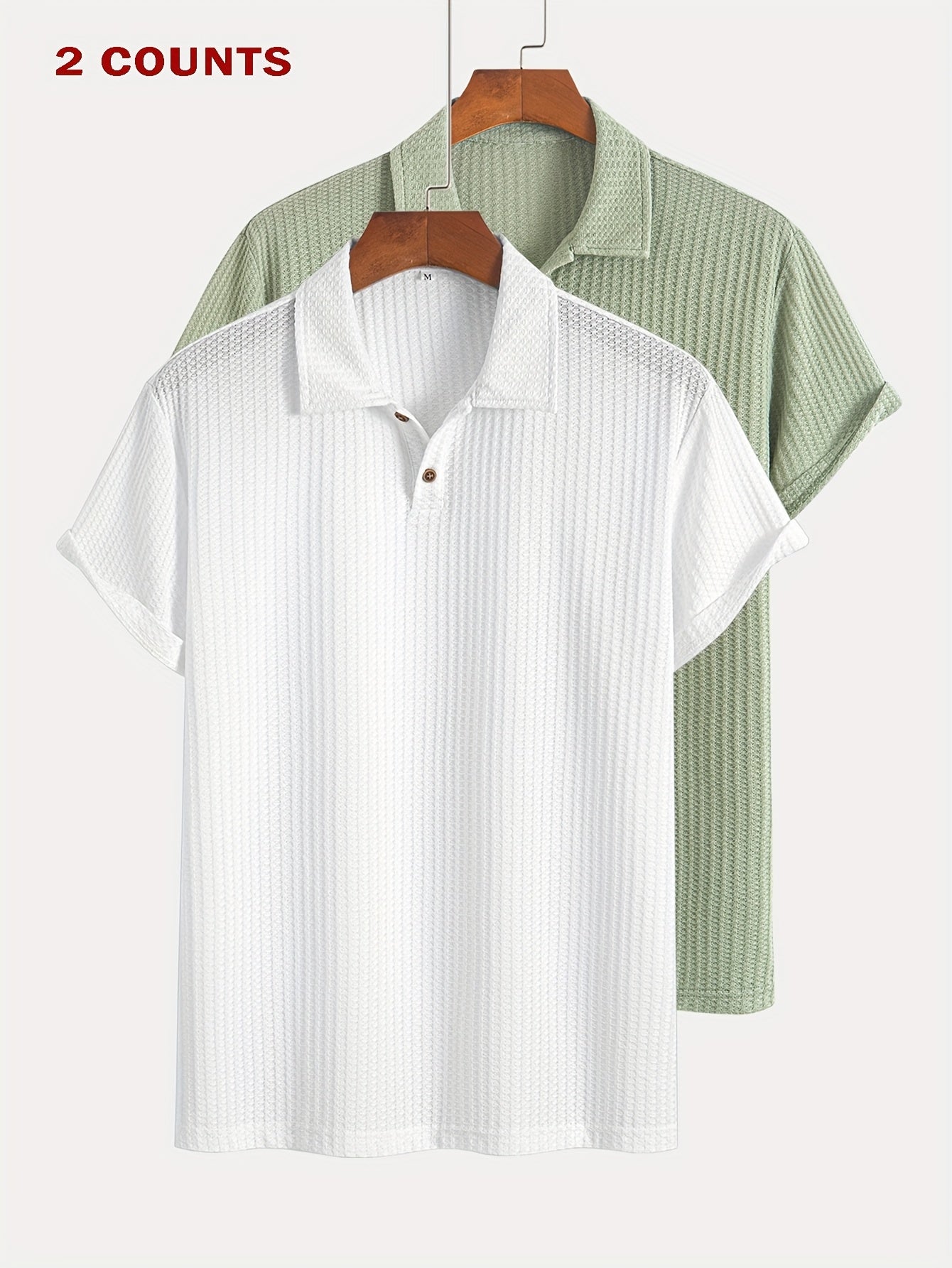 Two Pieces of Summer Casual Sports Jacquard Knit Short-Sleeve Polo Shirts, a Set of Two Jacquard Textured Short-Sleeve Polo Tops.