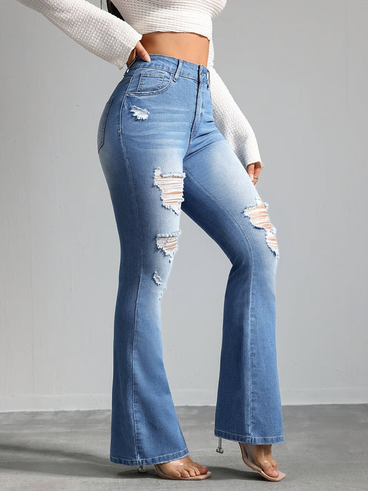 Jean évasé taille haute pour femmes – Denim stretch bleu clair, détails déchirés, style décontracté, fermeture bouton, confort toutes saisons