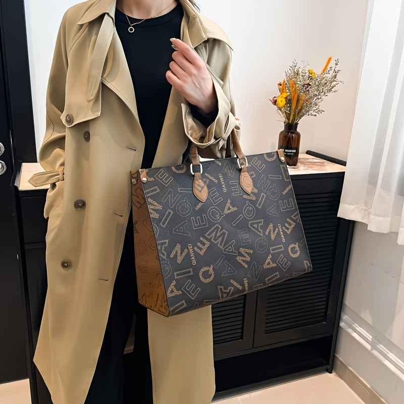 Sac Cabas Femme en Cuir Synthétique Élégant – Fermeture Éclair, Marron Café avec Motif Lettres Stylé et Poignée en Bois, Parfait pour Usage Quotidien | Sac à Épaule Chic | Design Sophistiqué