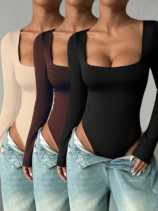 Lot de 3 bodys sexy femme à manches longues, col carré, fermeture intégrale à glissière, variations de col rond (beige, noir, marron, blanc), lavables en machine, maintien moyen, confort et chaleur pour l’hiver, tenues élégantes toutes saisons