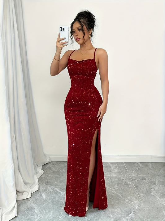 A Lady'S Bridesmaid Dress, an Elegant Red Spaghetti Strap Long Gown Adorned with Sequins, Featuring a Sparkling Split Hem, Perfect for Parties, Weddings, And Cocktail Events. It Is Machine Washable.