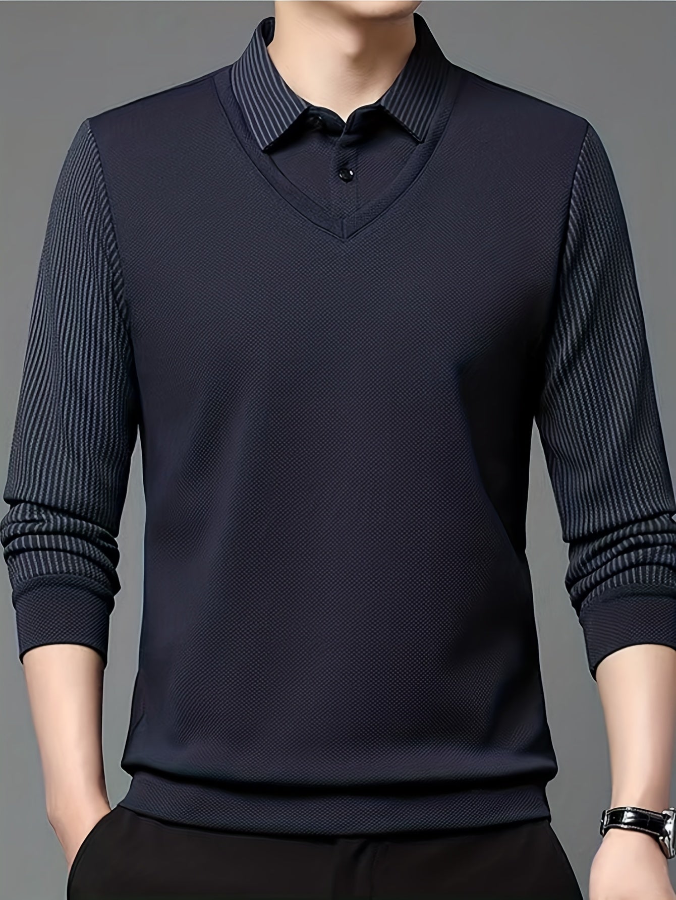 Men'S Two-in-One Long Sleeve T-Shirt - Navy & Striped Patchwork Collar Shirt, Button-Up Front, Breathable Fabric, Regular Fit for Business & Casual Wear, Versatile Clothing | Classic Collar Shirt | Stylish Contrast Design