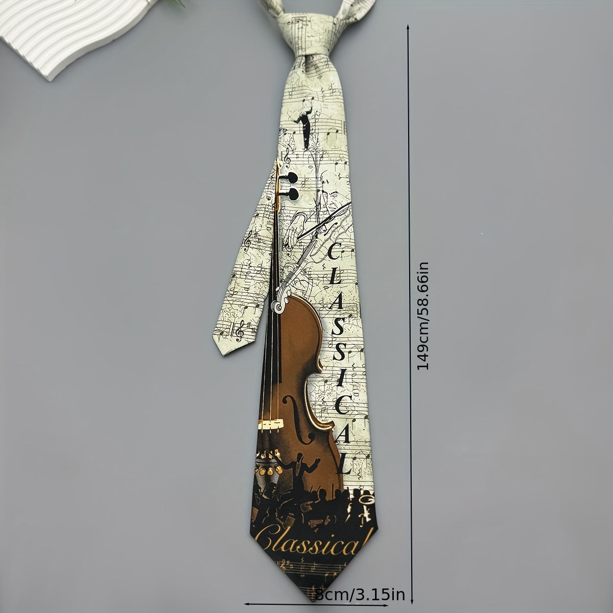 1pc Cravate Homme – Motif Violon et Notes de Musique, Polyester, Marron & Noir, Pour Tenues Formelles