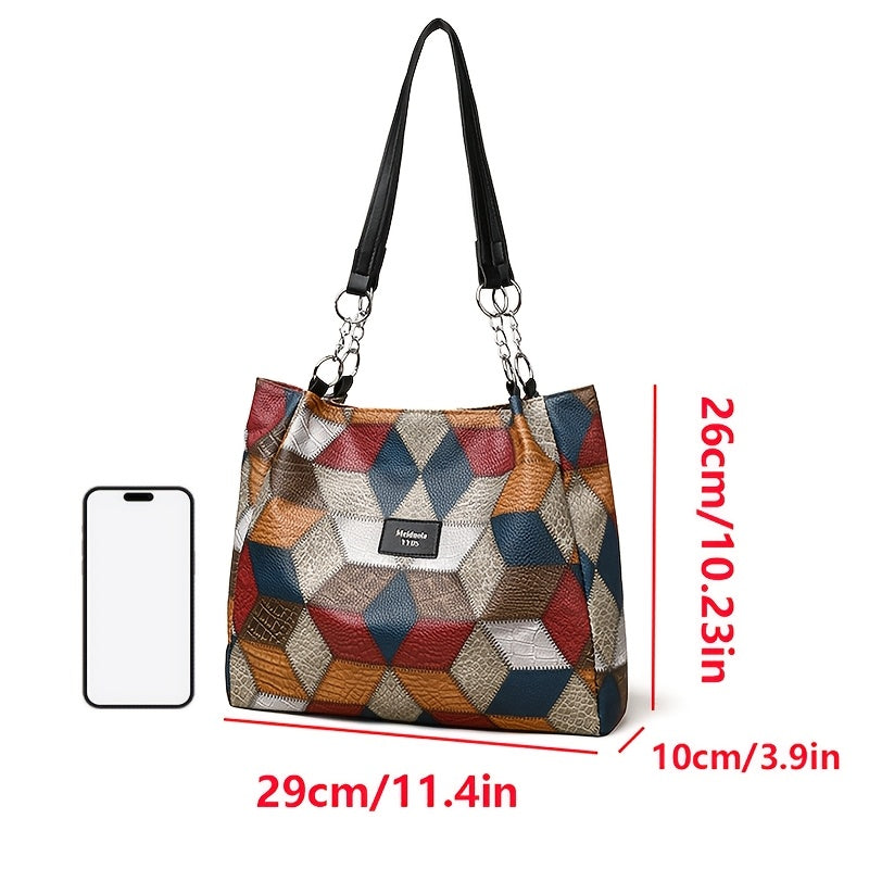 Grand sac fourre-tout pour femmes – motif géométrique à carreaux, multicolore, fermeture zippée, bandoulière fixe, parfait voyage et usage quotidien
