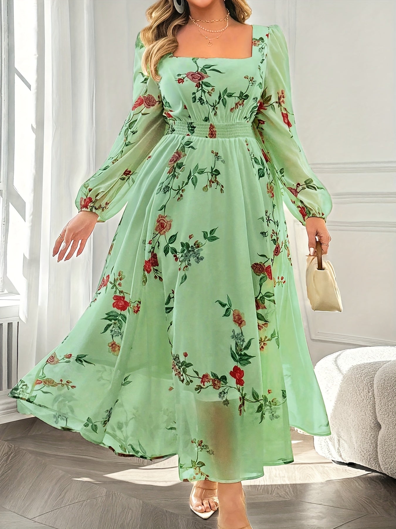 Robe Longue Grande Taille Élégante – Imprimé Floral, Col Carré, Manches Lanternes, Coupe Flare, Légère et Respirante, Idéale Vacances et Sorties Décontractées