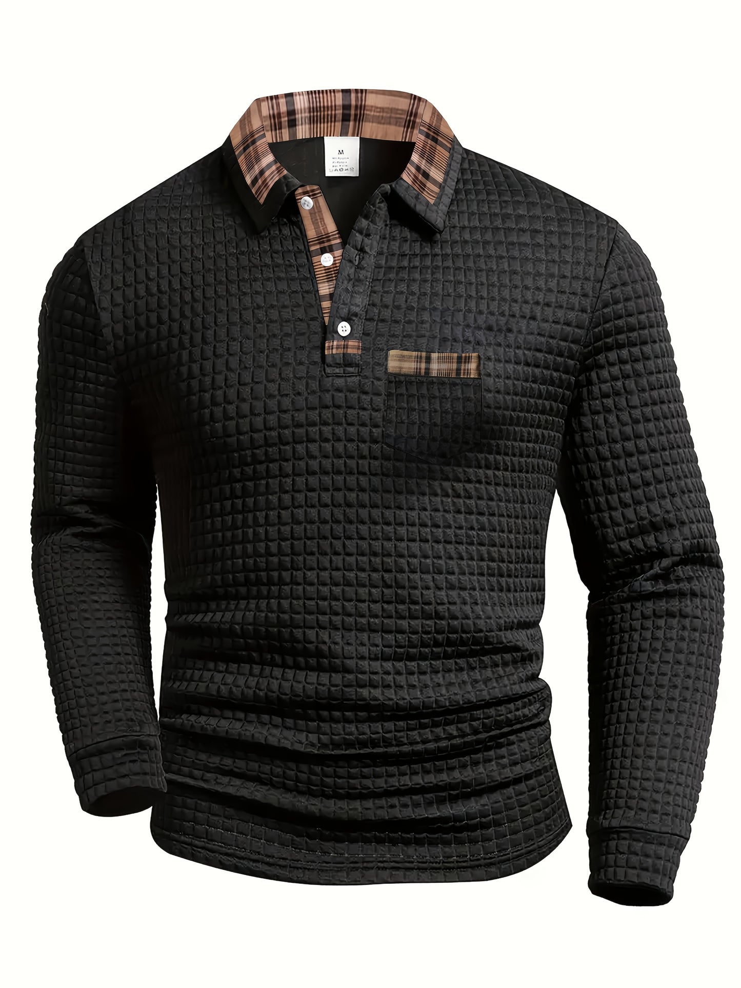 Men'S Casual Warm Long Sleeve Polo Shirt - Gray with Brown & White Plaid Collar, Button-Up Front, Textured Waffle Weave, Perfect for Fall, Casual Wear|Plaid Pattern Shirt|Buttonup Collar Shirt