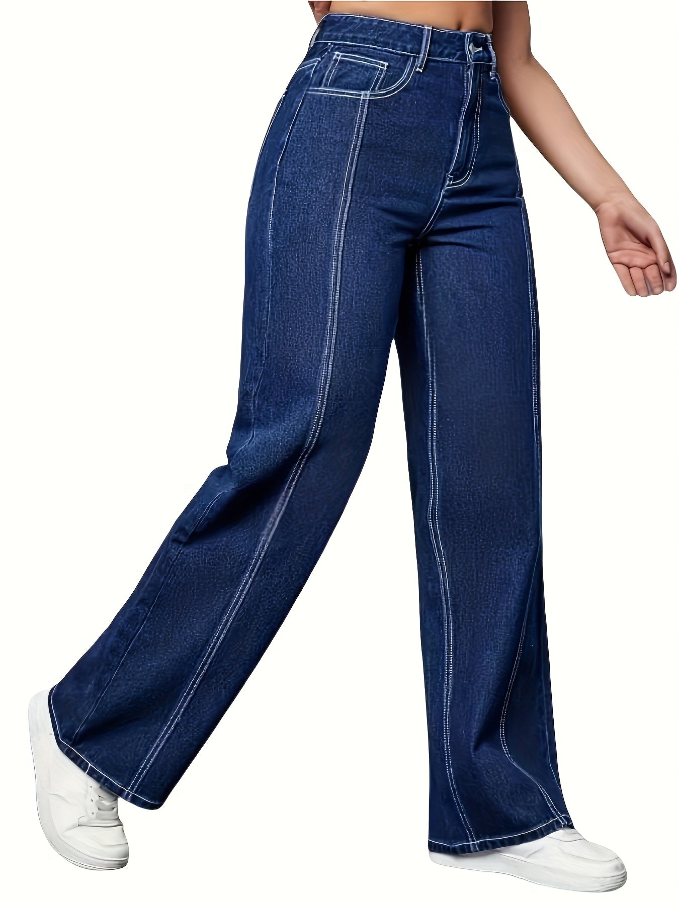 Jeans Femme Grande Taille – Taille Haute, Jambe Droite et Large, Bleu avec Poches Obliques