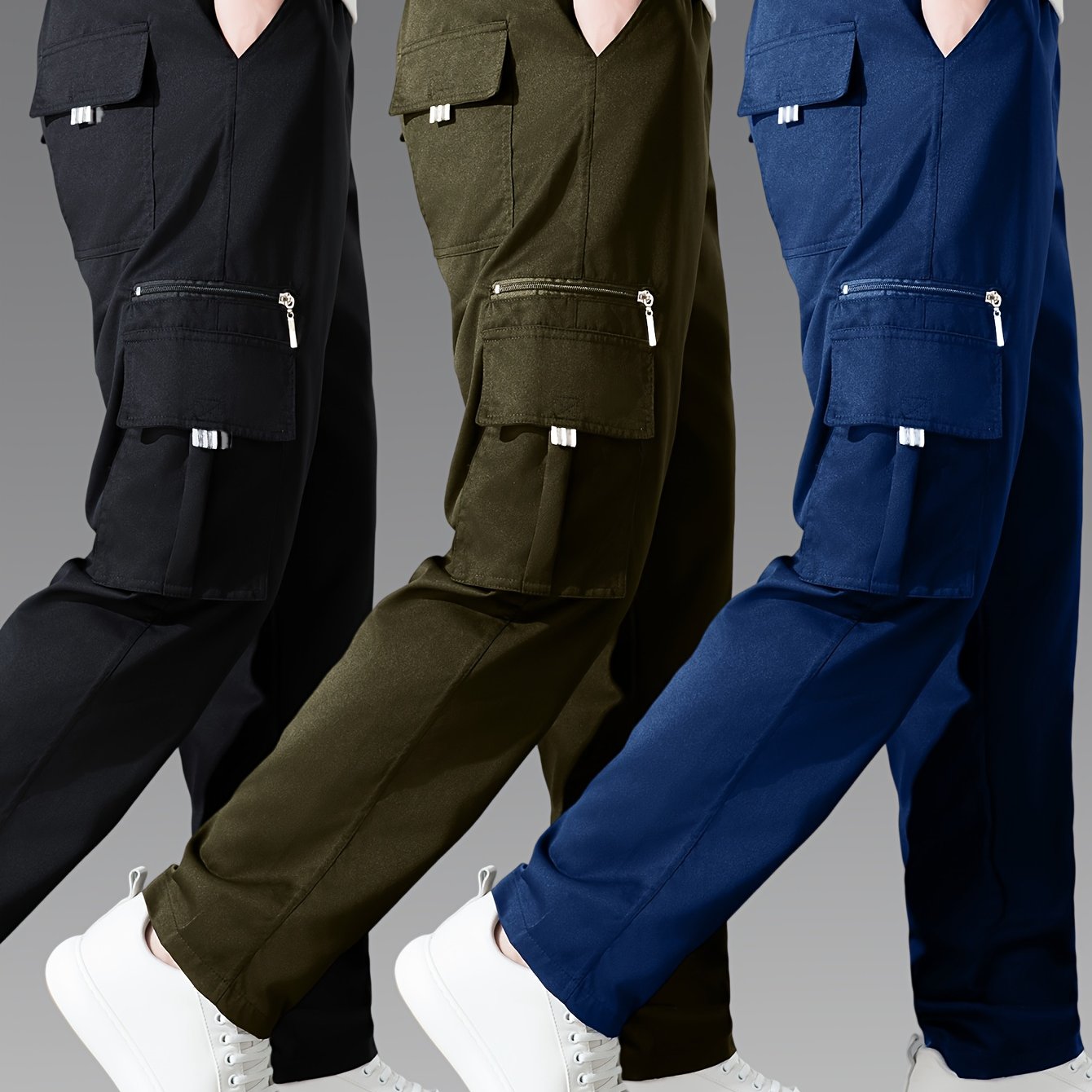 Pantalons cargo pour homme (3 pièces) – multi-poches, coupe décontractée, tissu non extensible durable, confort toutes saisons, idéal tenue décontractée et activités outdoor (noir/bleu marine/gris)