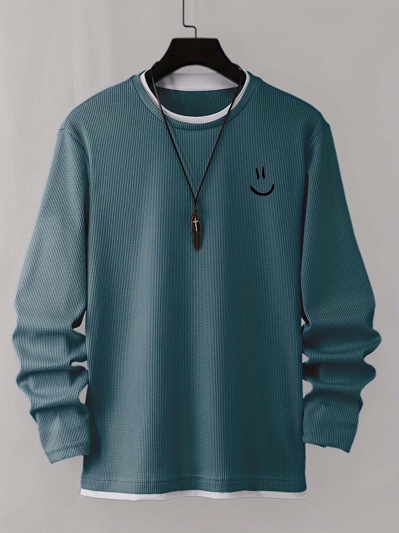 Stylish Cartoon joyful Print Comfortable Sweat-Absorbing Waffle Knit Men's Casual Long Sleeve T-Shirt