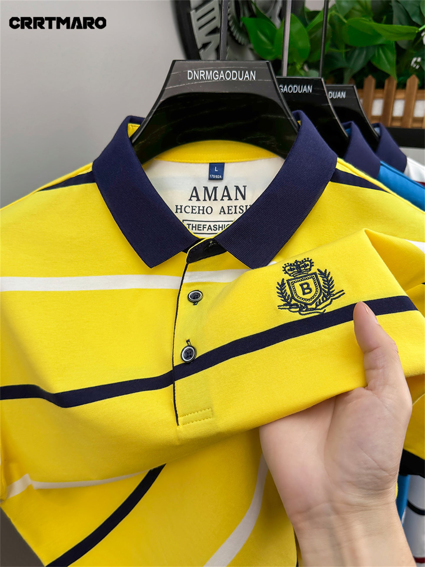 CRRTMARO Men's Short Sleeve Shirt - Summer Striped Embroidered Logo, Vibrant Yellow & Navy, Breathable Regular Fit Casual Button-Up for Office & Leisure