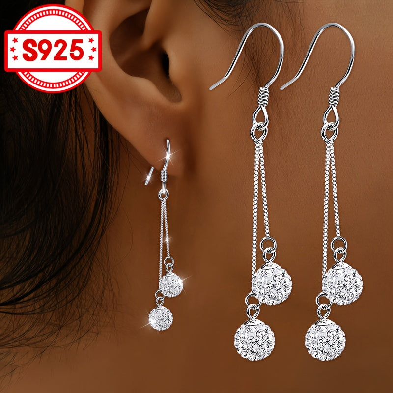 1 paire boucles d’oreilles pendantes pour femmes avec incrustation de 2 perles shamballa design à pompon blingbling en argent S925 accessoire élégant pour un usage quotidien cadeaux festifs mariages fêtes et banquets hypoallergénique