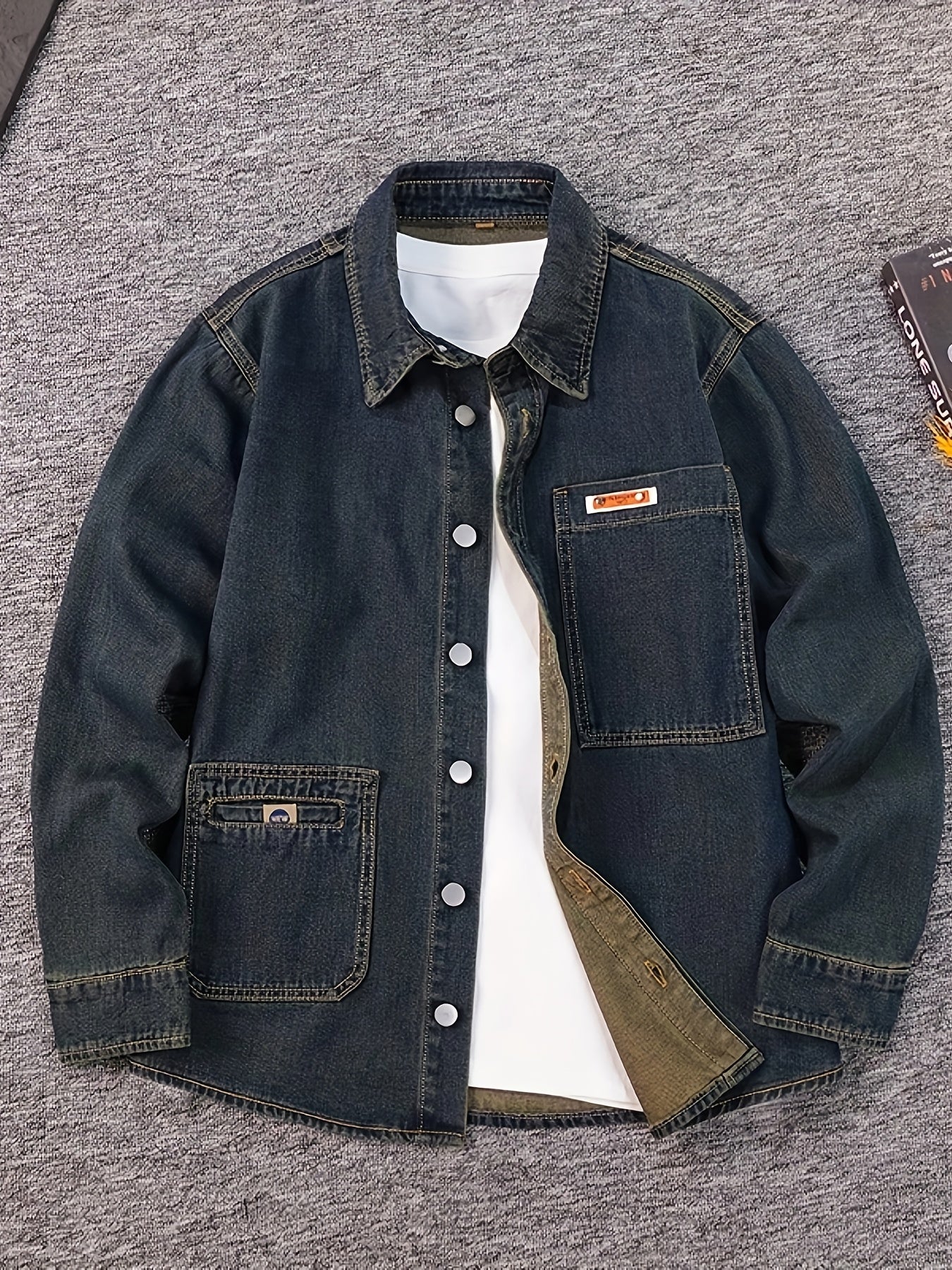 Men's Plus Size Loose Fit Non-Stretch Denim Shirt - Asymmetrical Chest Pockets, Classic Collar Long Sleeve Casual & Evening Shirt for Spring/Fall, Machine Washable, Durable Fabric, Fall Outfit, Stylish Menswear, Sturdy