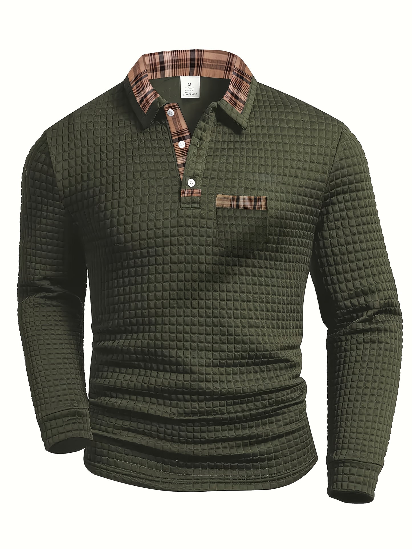Men'S Casual Warm Long Sleeve Polo Shirt - Gray with Brown & White Plaid Collar, Button-Up Front, Textured Waffle Weave, Perfect for Fall, Casual Wear|Plaid Pattern Shirt|Buttonup Collar Shirt