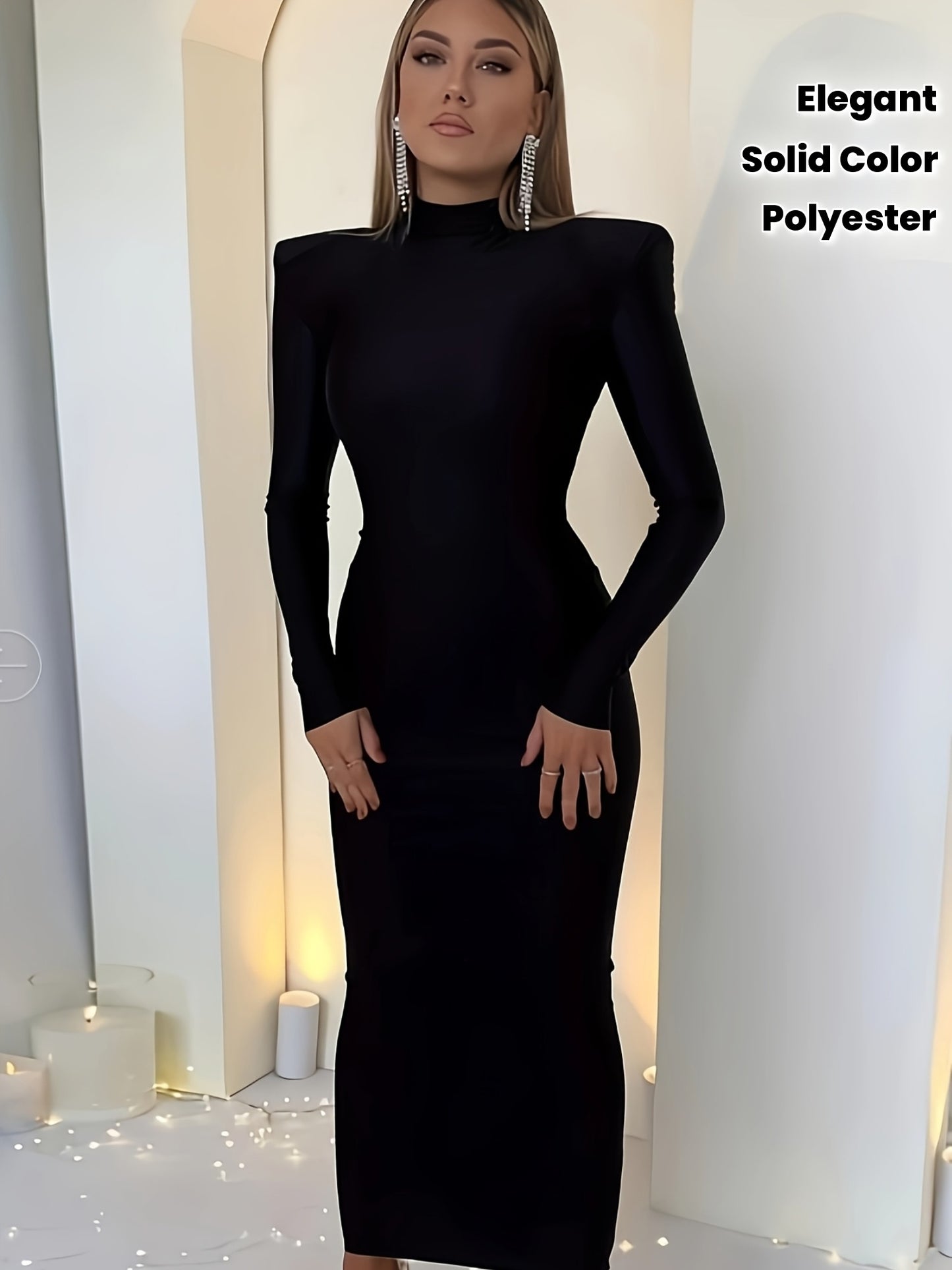 Robe Femme Élégante 1 Pièce en Polyester — Col Rond, Manches Longues avec Épaulettes, Couleur Unie, Tissu Tricot Ajusté, Parfaite pour Printemps/Automne, Robe Longue à la Mode pour Soirées