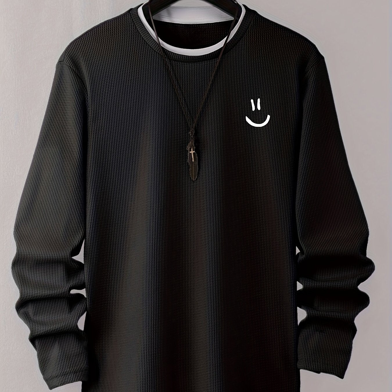 Stylish Cartoon joyful Print Comfortable Sweat-Absorbing Waffle Knit Men's Casual Long Sleeve T-Shirt