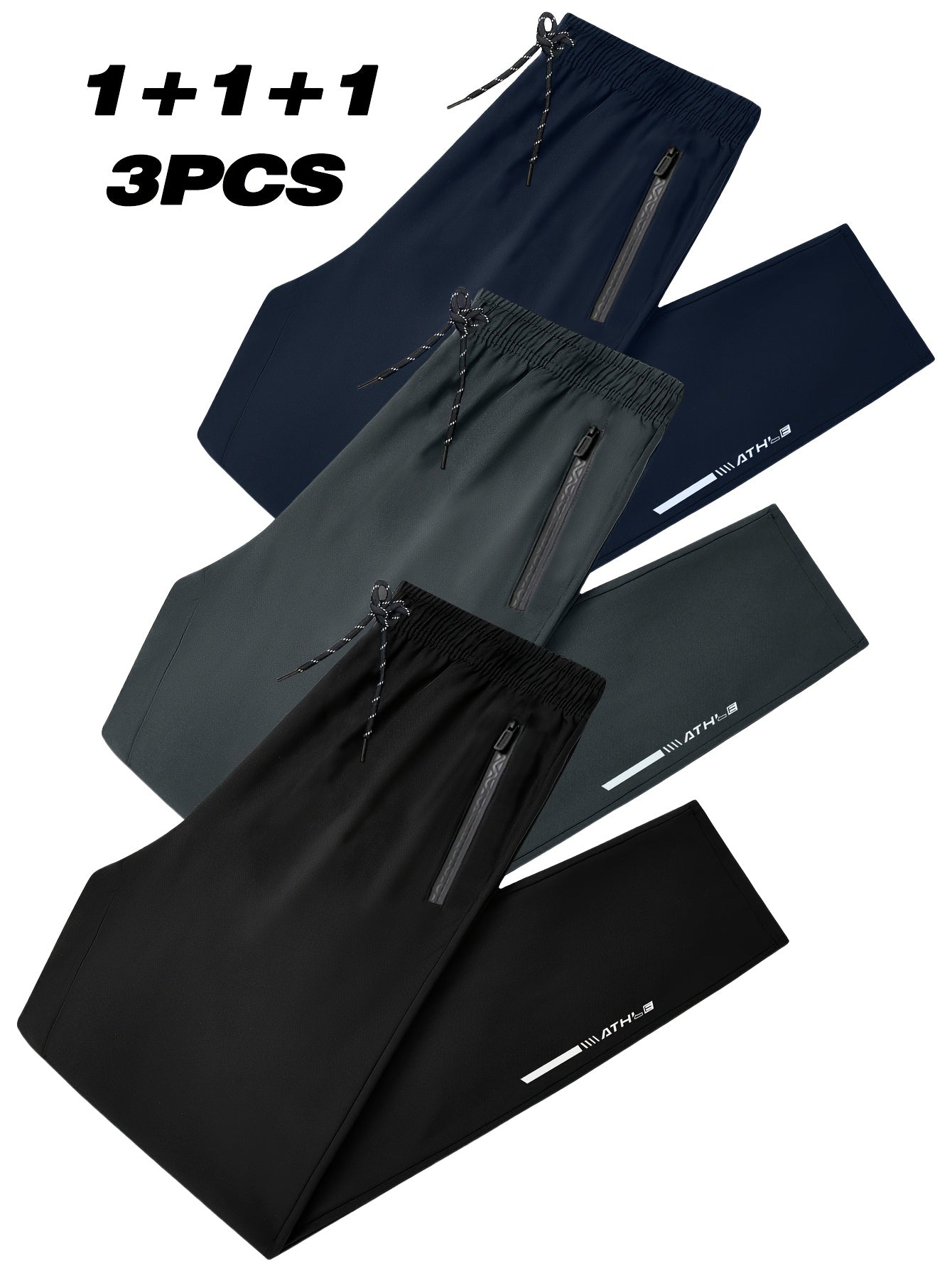 3pcs Pantalons Homme Grande Taille – Casual, Cordon Élastique, Poches Zippées, Noir & Bleu