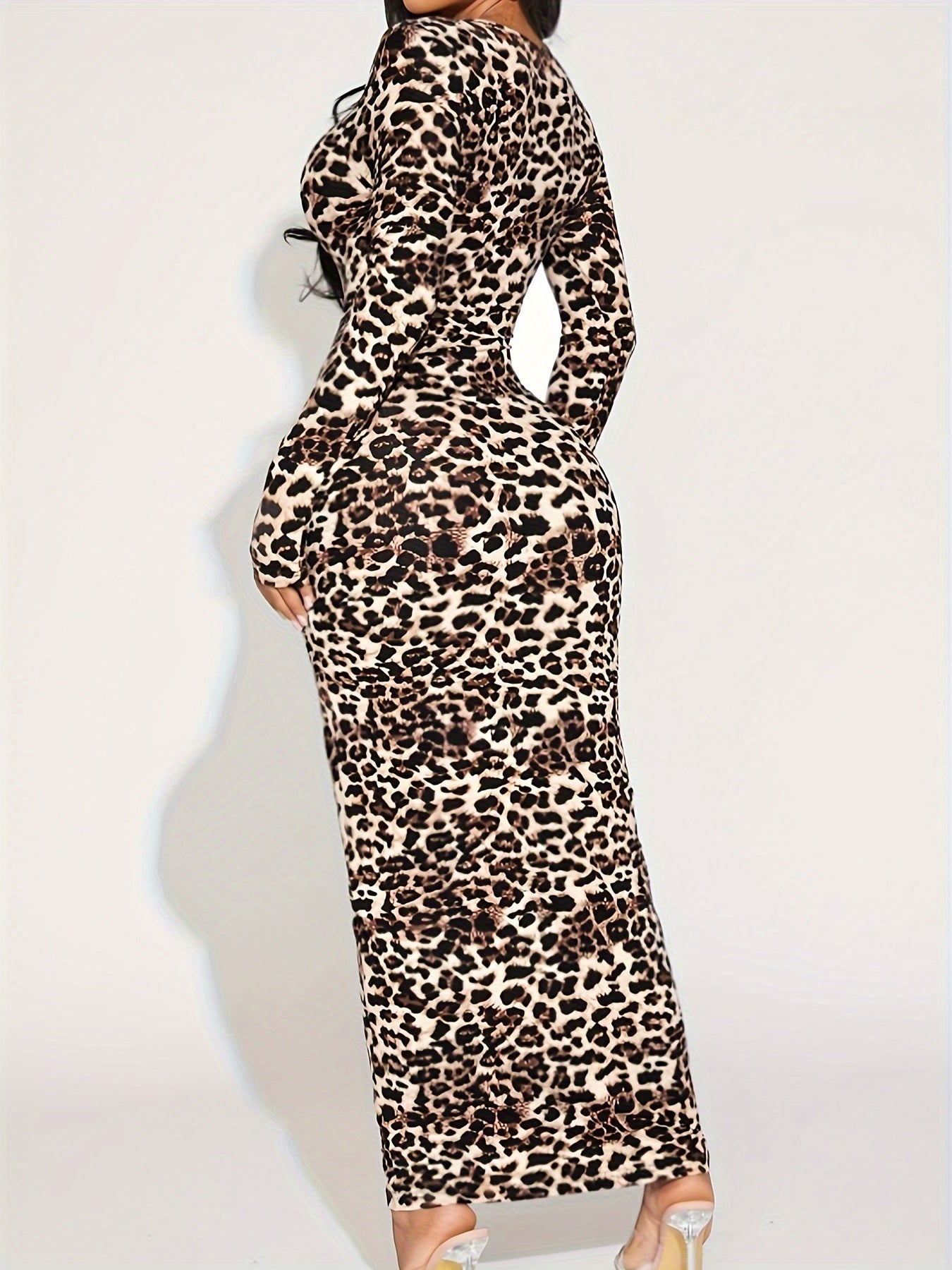 Women's Leopard Print Round Neck Bodycon Dress - Stretchy Pencil Skirt Silhouette, Machine Washable All-Season Versatile for Casual & Formal Occasions, Formal Attire, Medium Elasticity