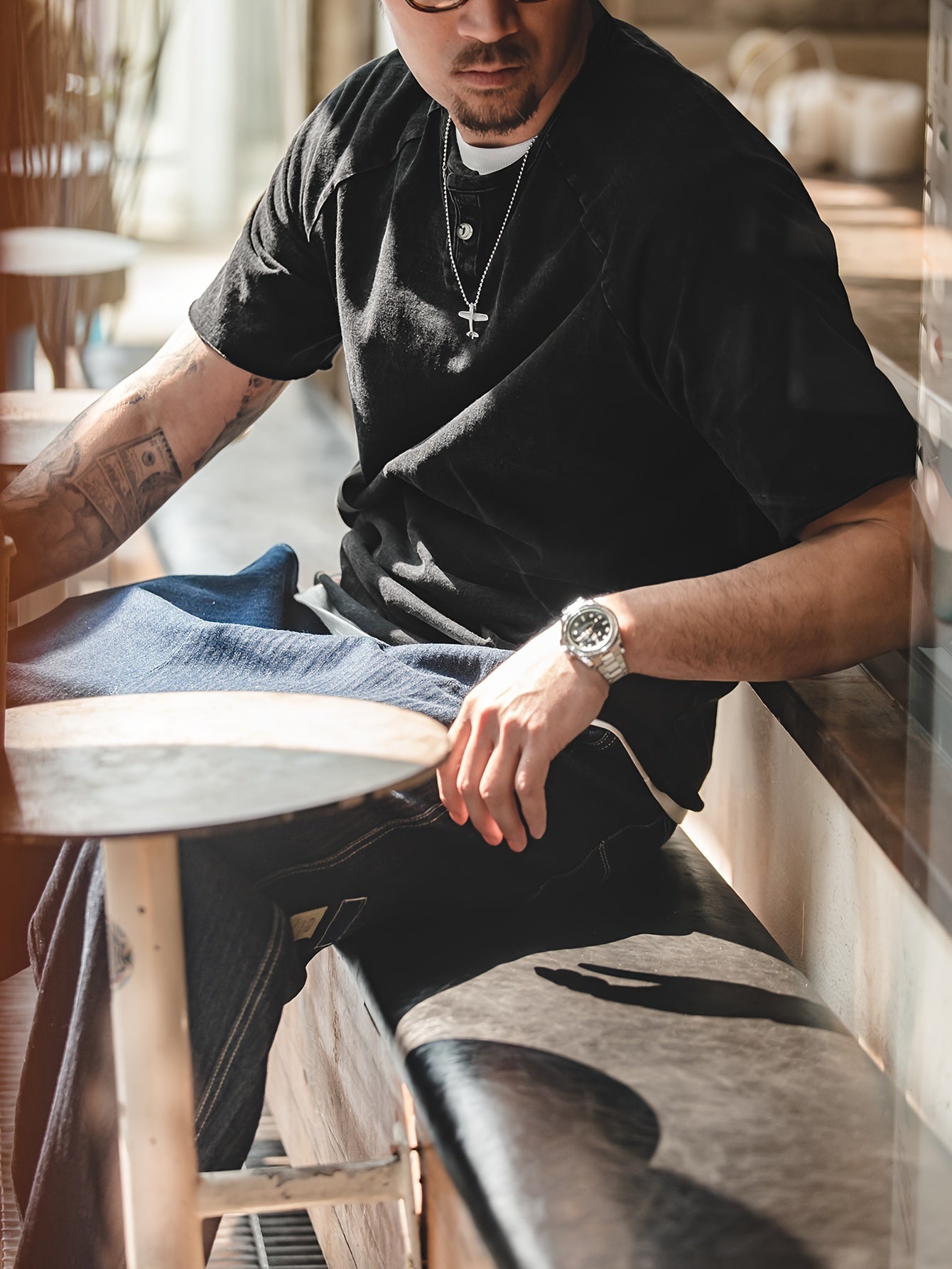 Maden Men's Casual Henry T-Shirt Vintage Inspired Enzyme Wash Tee Slim Fit Stretch Short Sleeve Tshirt, Weekend Attire, Streetwear Style, Distressed Look, Retro Tshirt, Soft, Stretch Fabric, Fitted Shirt, Casual Wardrobe, Urb