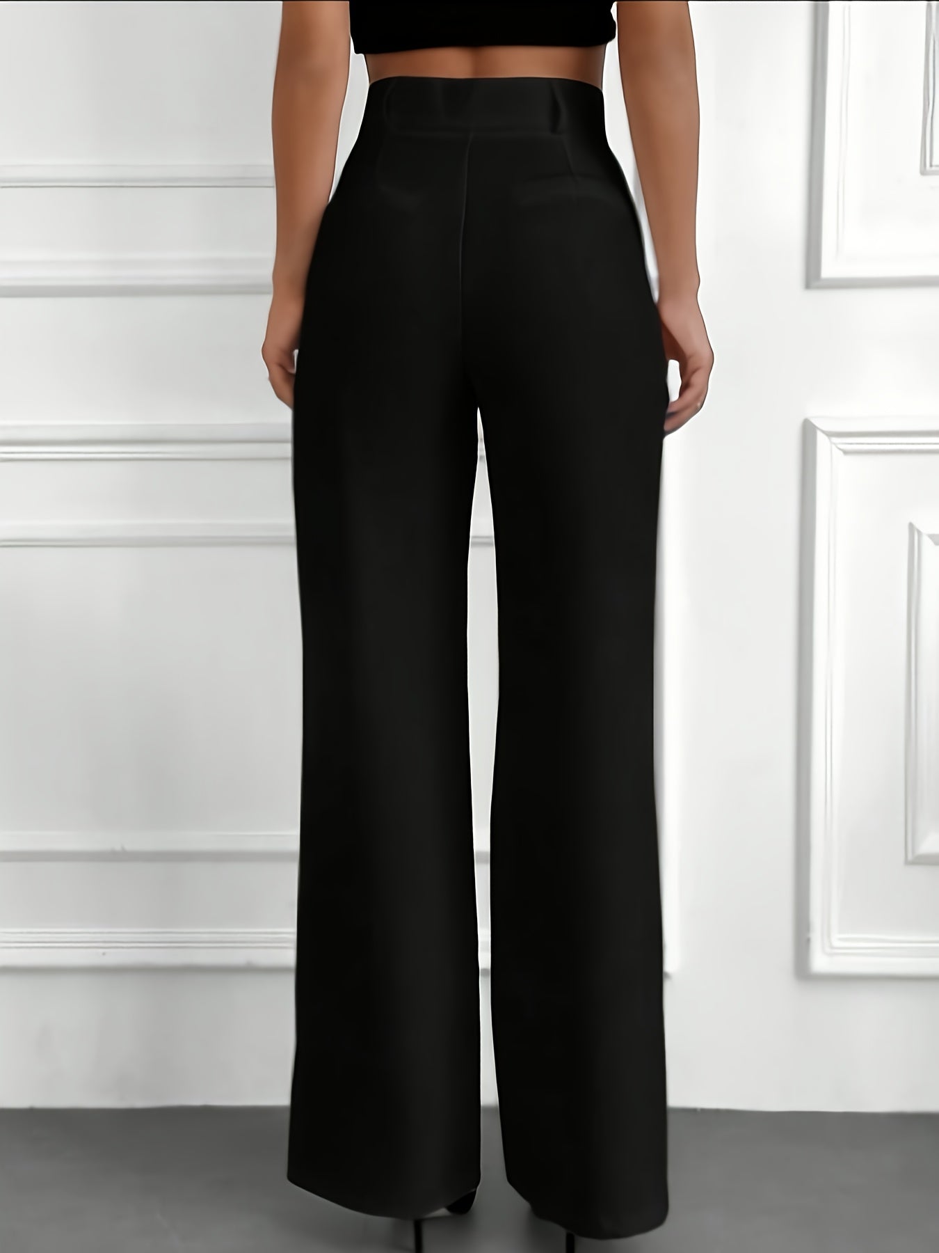 Pantalon Femme Élégant Jambe Large – Noir, Taille Haute avec Ceinture et Poches Latérales