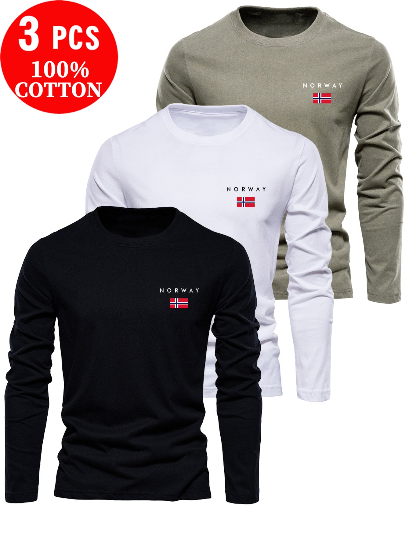 3-Pack 100% Cotton T-Shirts, Men's Round Neck Spring/Autumn New Minimalist Long Sleeve Casual Tees for Daily Wear and Outdoor Activities