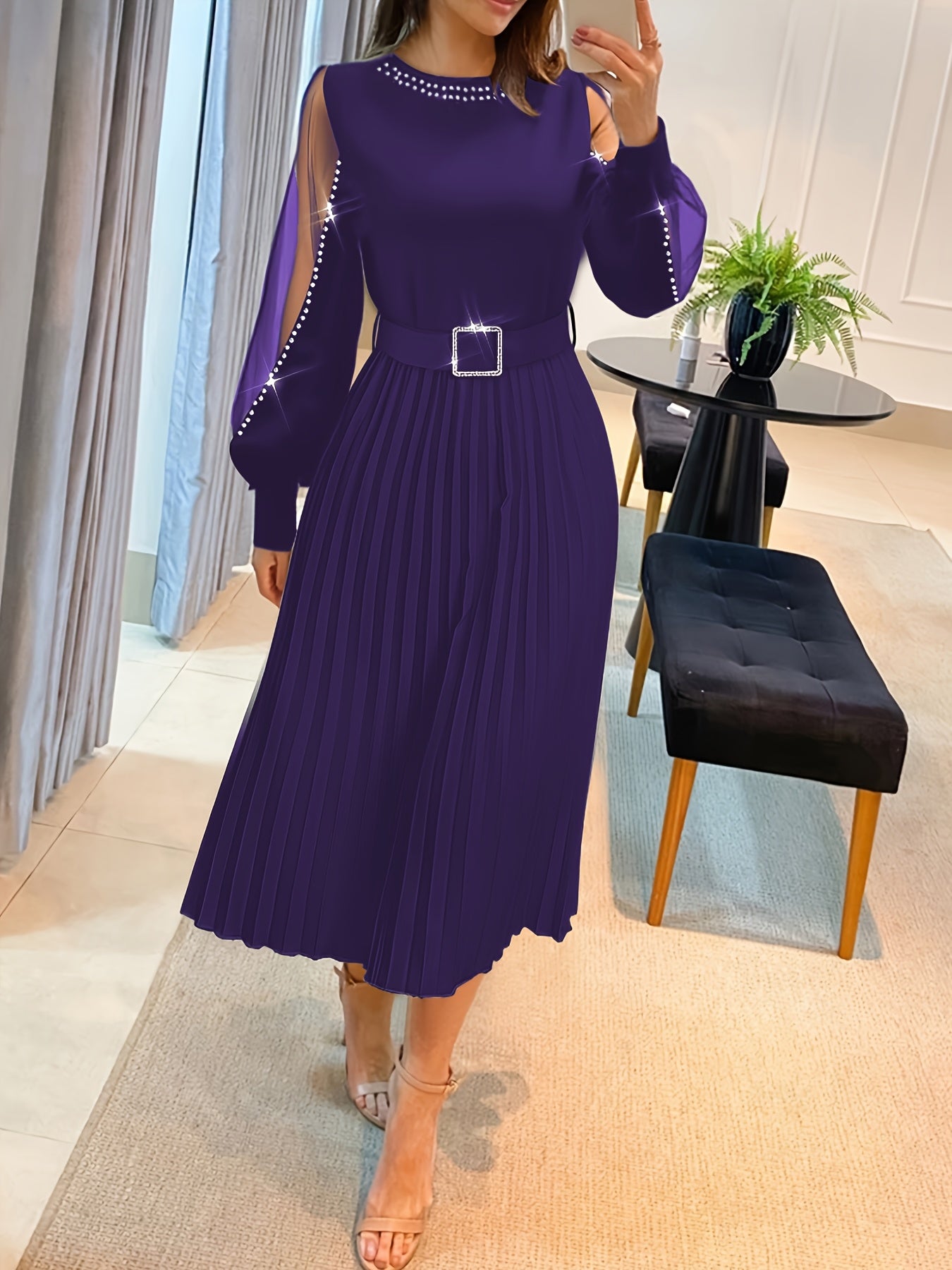 New Fashion Styles for The 2025 Holiday Season, Women'S Long-Sleeve Pleated Dress with Mesh Panels And a Belt Adorned with Rhinestones.