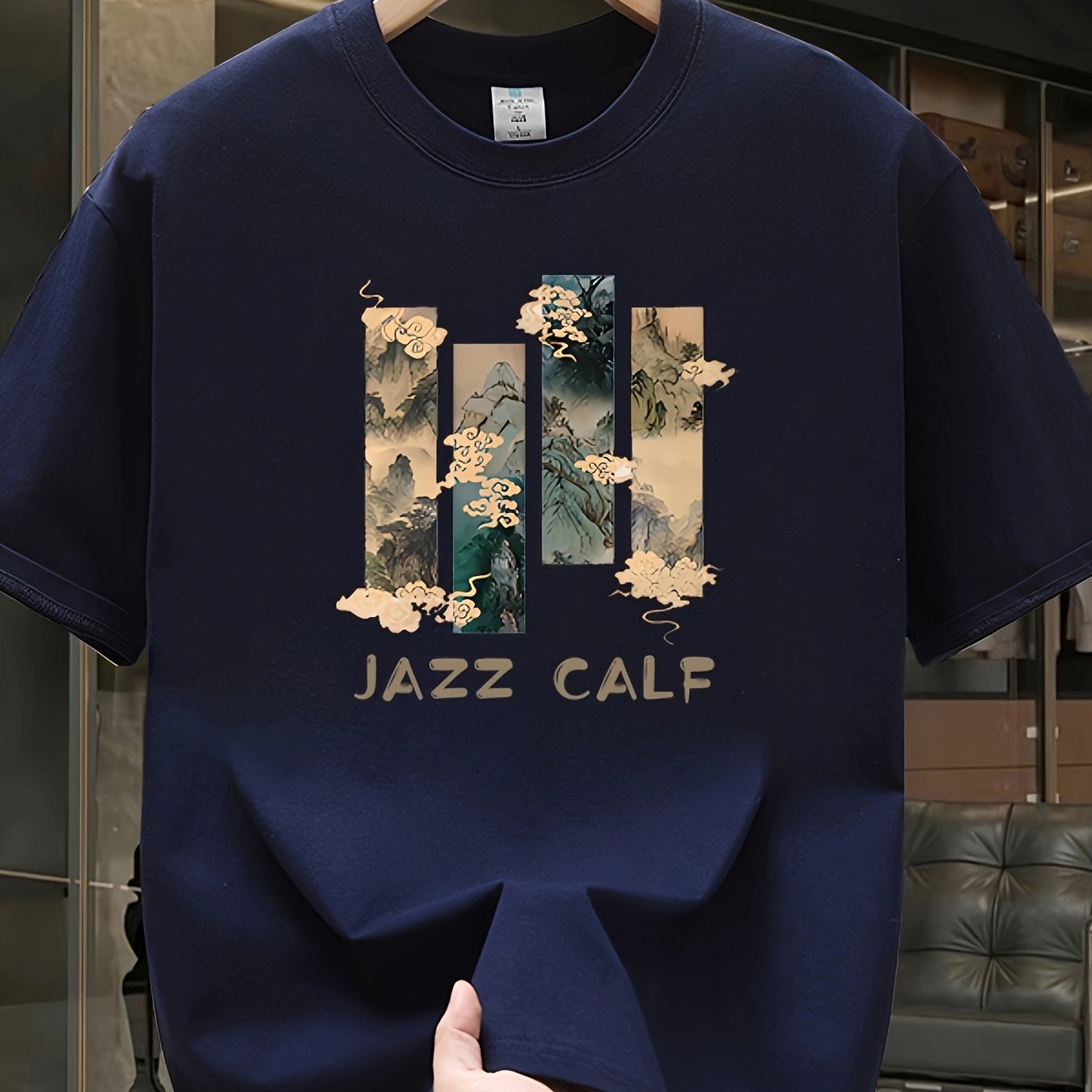 Men's Heavyweight 100% Cotton Oversized T-Shirt with Jazz Calf Graphic Print - White Summer Casual Round Neck Short Sleeve Tee, Large Size Breathable Fabric for Casual Attire & Jazz-Themed Events, Machine Washable Youthful St