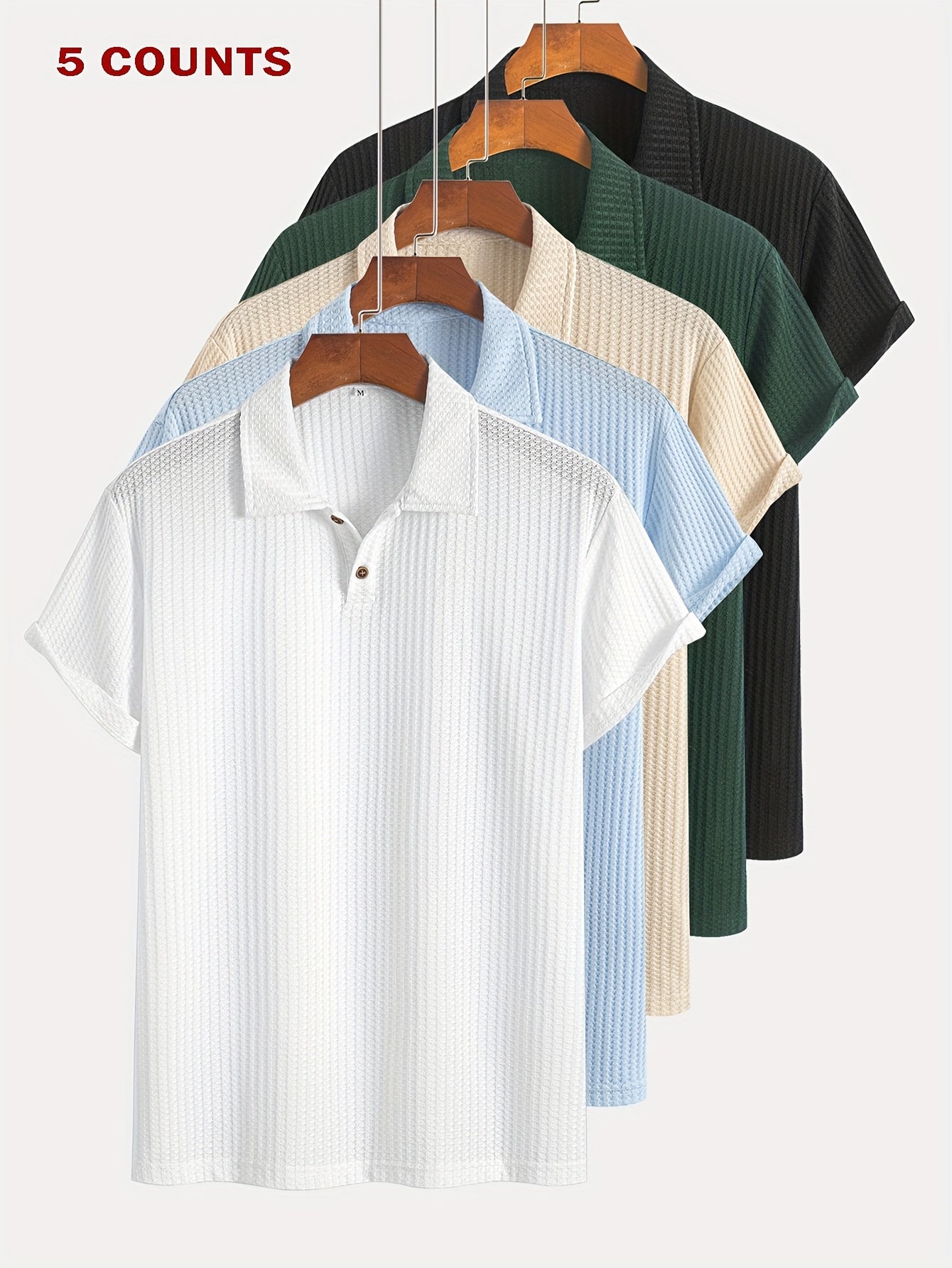 Set of 5 Short-Sleeve Polo Shirts with Jacquard Texture for Summer Casual Sports, Knit
