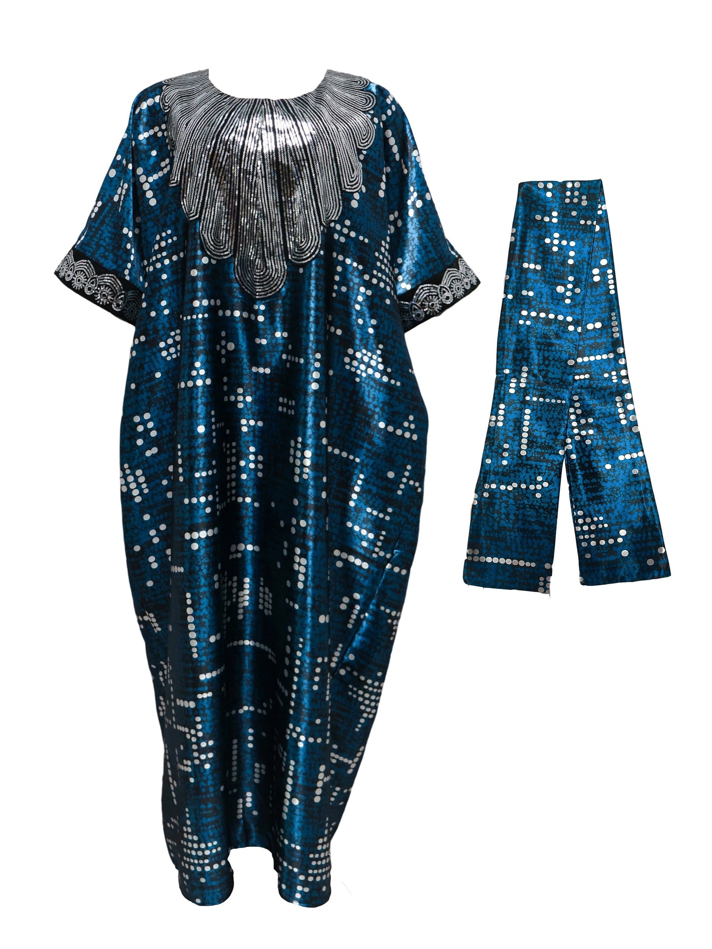Robe Kaftan Turque Moyen-Orient – Ornée de Sequins, Manches Chauve-Souris et Foulard, Longueur Sol, Imprimé Intégral, Tissu Non Extensible, Parfaite pour Mariages, Fêtes et Événements Culturels