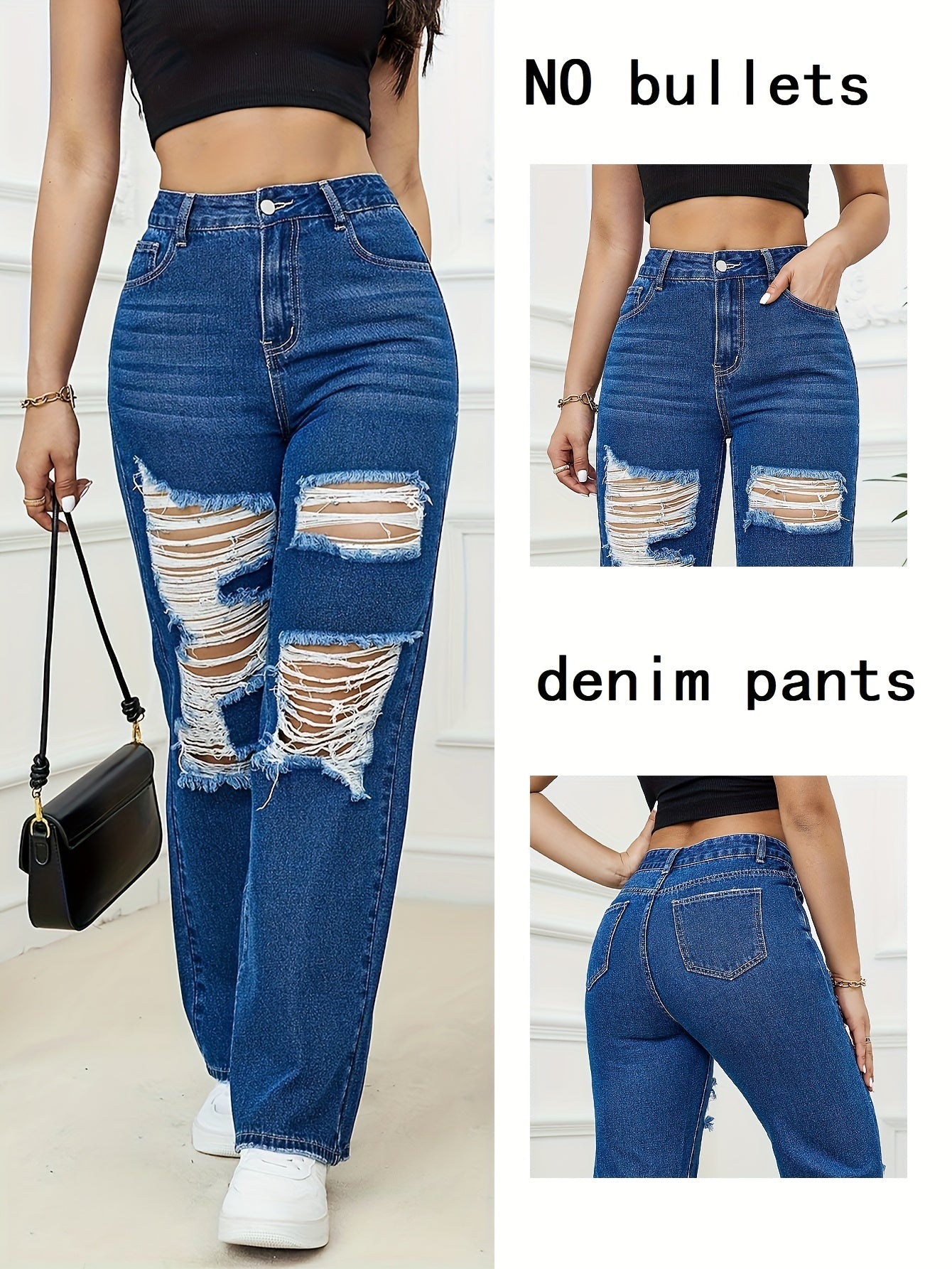 Jeans Femme Taille Haute Jambe Large Effet Troué Plissé Sexy Respirant Denim