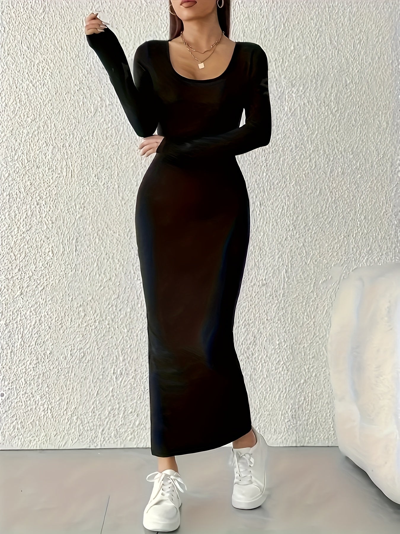 Women's Elegant Stretch A-Line Dress - Long Sleeve -Length Formal & Semi-Formal Wear, Wrinkle-Resistant Polyester/Elastane Blend, Machine Washable Wedding Guest Gown, Office to Party Dress (Spring/Autumn)