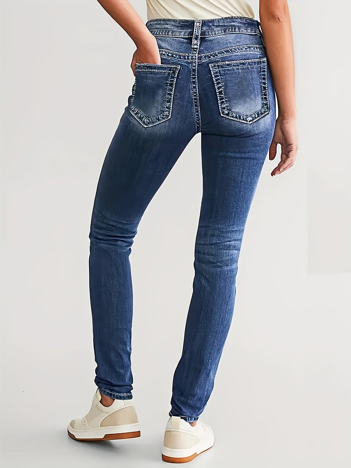 Jeans Femme Extensible Rétro Polyvalent Décontracté Élégant Taille Mi-Haute Durable Lavable Slim Poches Jambe Droite Style Street