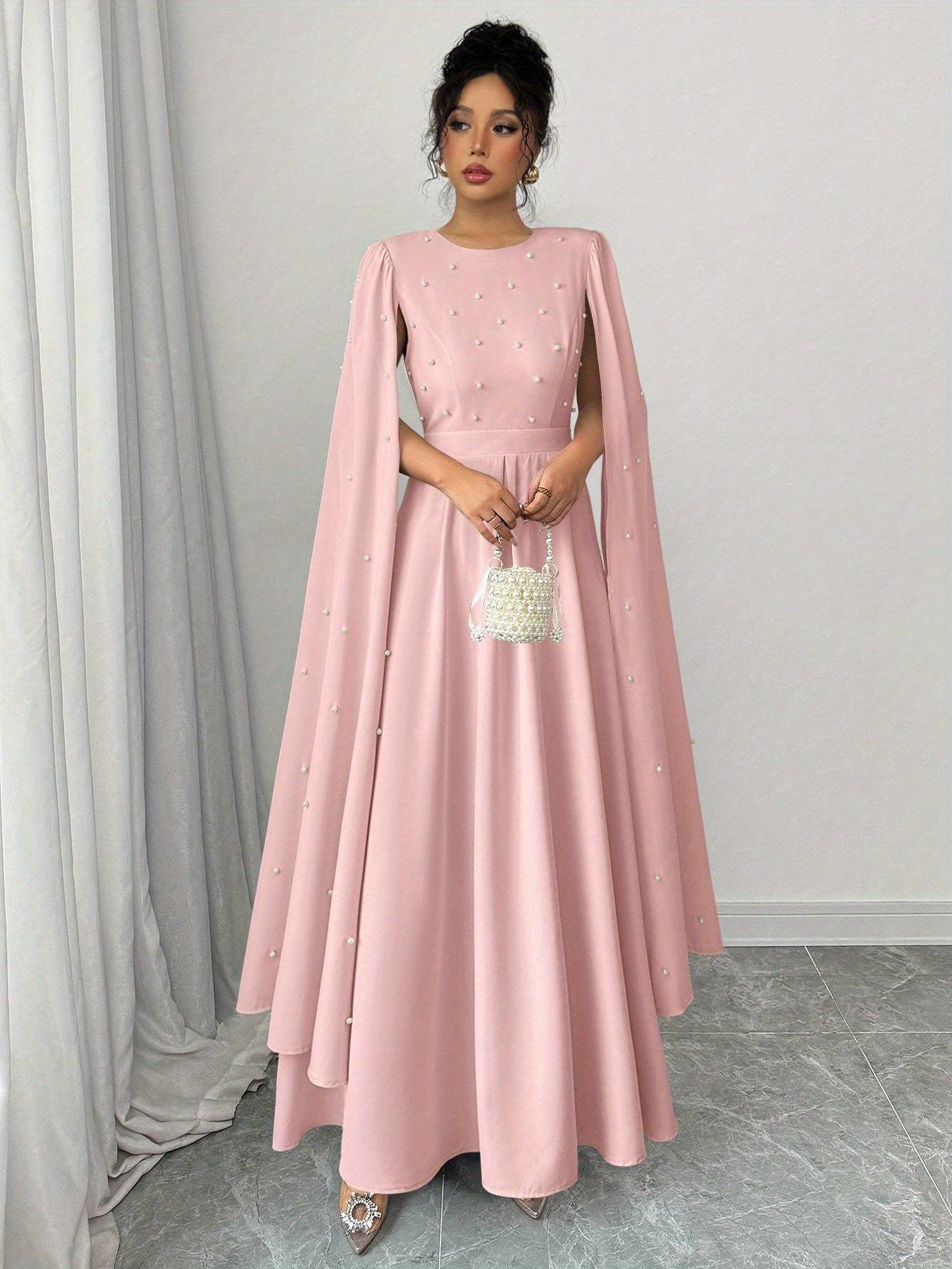 Cloak Sleeve Dress with Pearl Embellishments, Elegant And Fitted, Vintage Style, Evening Gown.