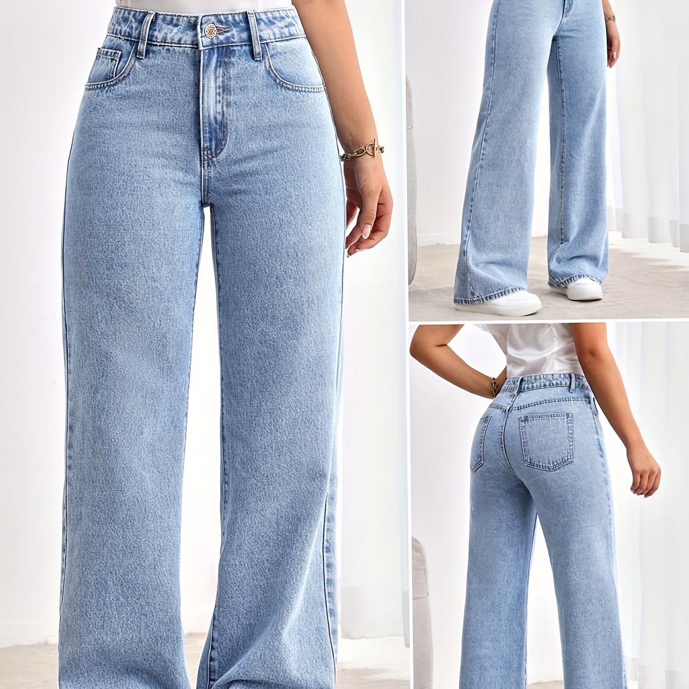 Jeans Femme Taille Haute Extensible Jambe Large Bleu Clair Coupe Ample Décontracté Toute Saison Confortable Effet Usé