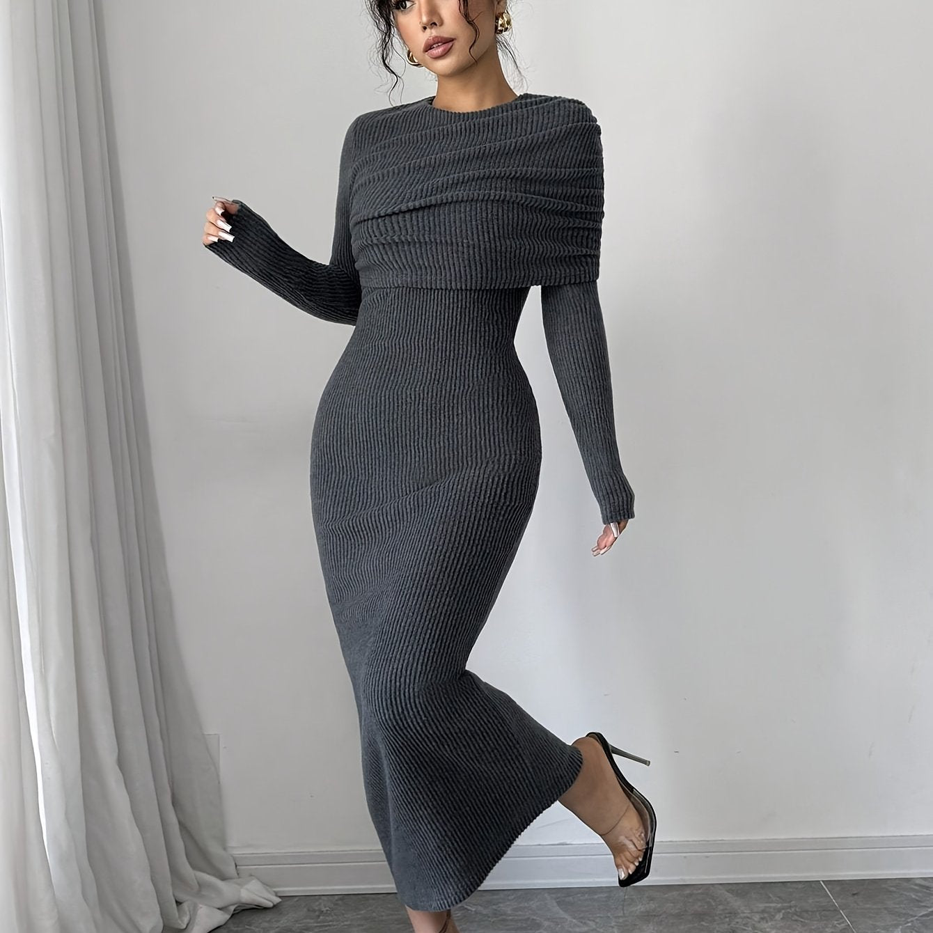 Robe Longue Moulante Femme – Manches Longues, Élégante et Polyvalente, Coupe Flatteuse pour Soirées, Bureau et Quotidien, Robe de Soirée Toutes Saisons, Fente Haute, Couture de Qualité, Tenue Chic pour Amatrices de Mode