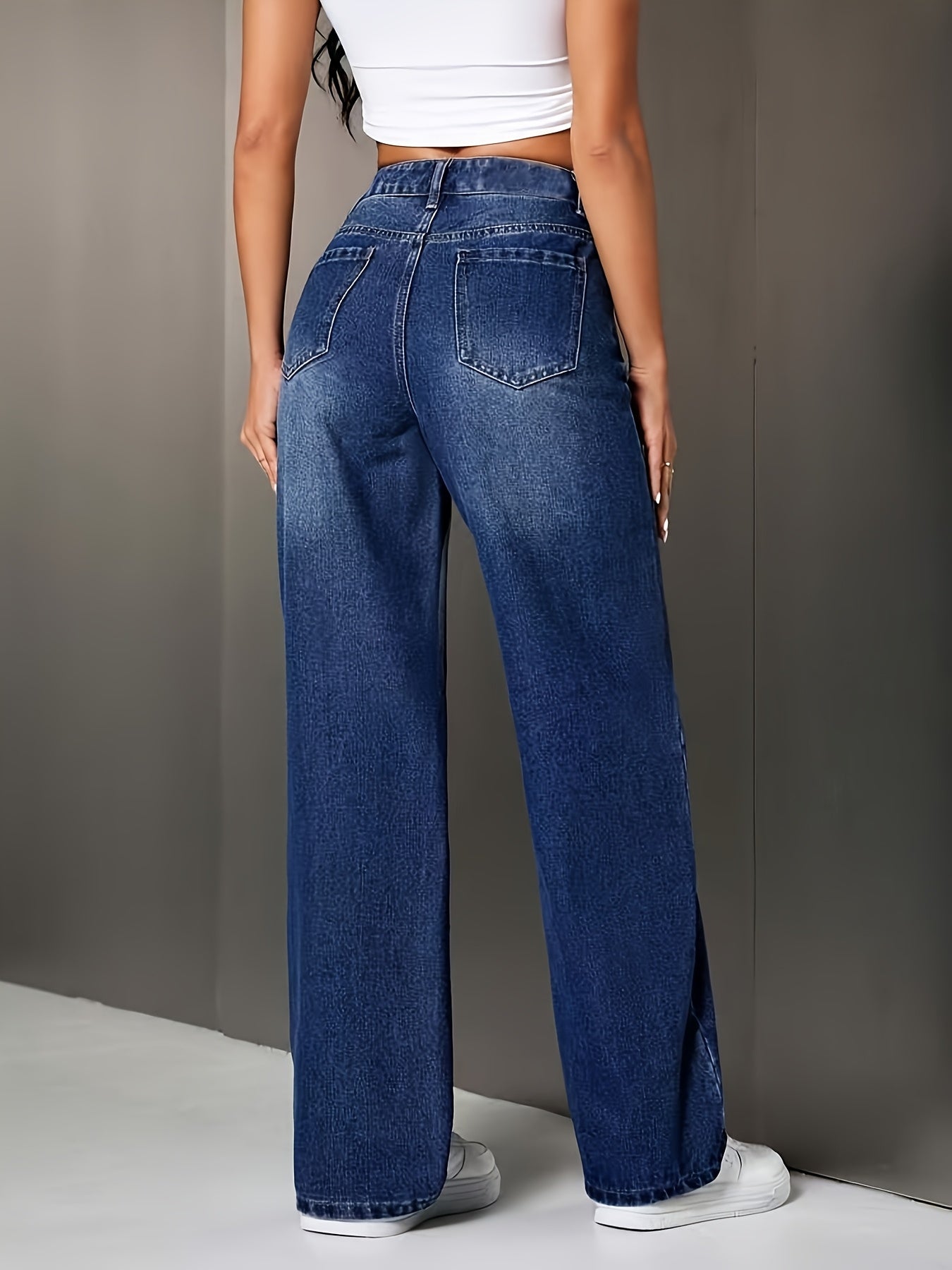 Pantalon Taille Haute à Jambe Large pour Femme CPUY – Coupe Droite, Tissu Stretch, Taille Mi-Haute Sans Ceinture, Longueur Cheville, Pour Tenues Décontractées et Formelles, Lavable en Machine – Jean Bleu Uni Élégant