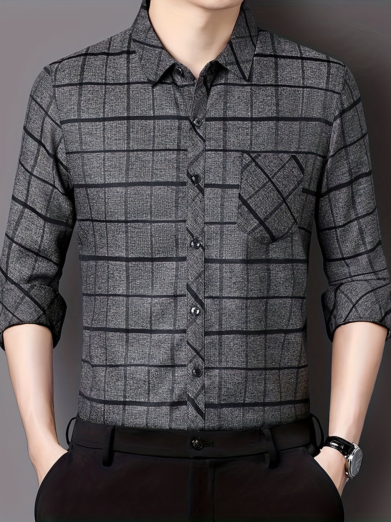Men'S Long-Sleeve Checkered Shirt, Stylish And Casual, Perfect for Everyday Wear.