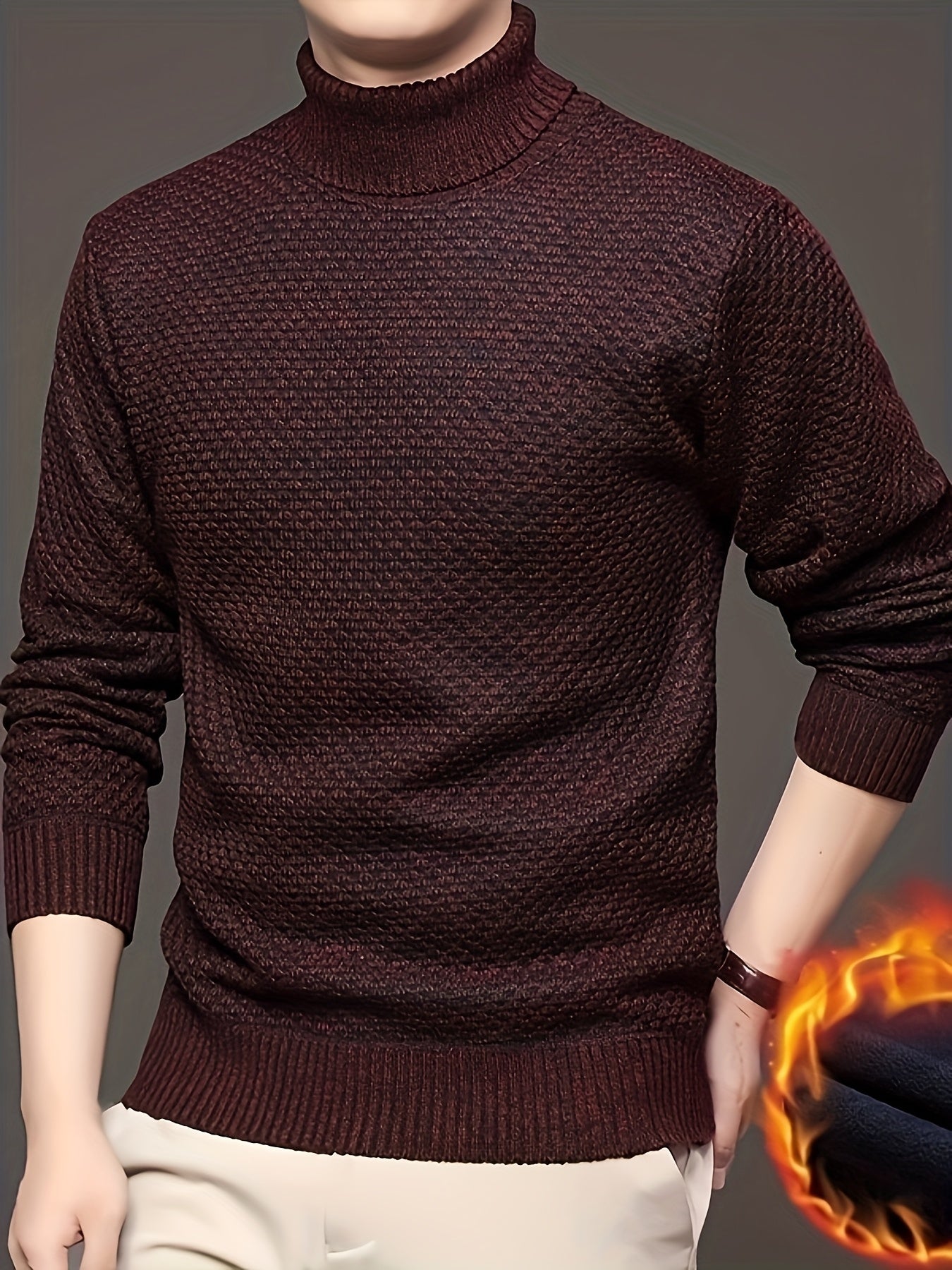 Men'S Autumn Jacquard Knit Sweater with a High Collar, Stylish And Fleece-Lined.
