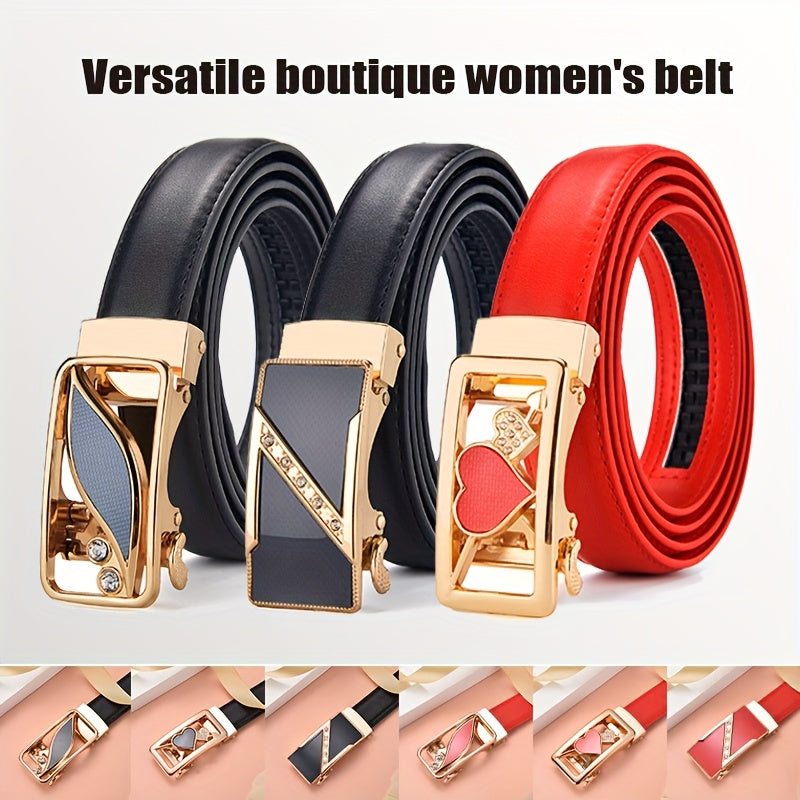 Ceintures pour femmes – Boucle automatique, design polyvalent sans trous, pour jeans et tenues décontractées, options rouge et noir, ceinture décontractée, design de boucle stylée, boucle dorée