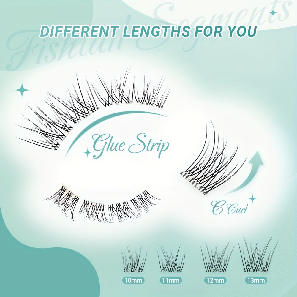Extensions de Cils– 60 Clusters Auto-Adhésifs, Bandes Transparentes, Segments Fishtail, Style Anime Naturel et Doux, Pas de Colle Nécessaire, Cils Pré-Collés, Curl C, Look Fluffy, Idéal Débutants